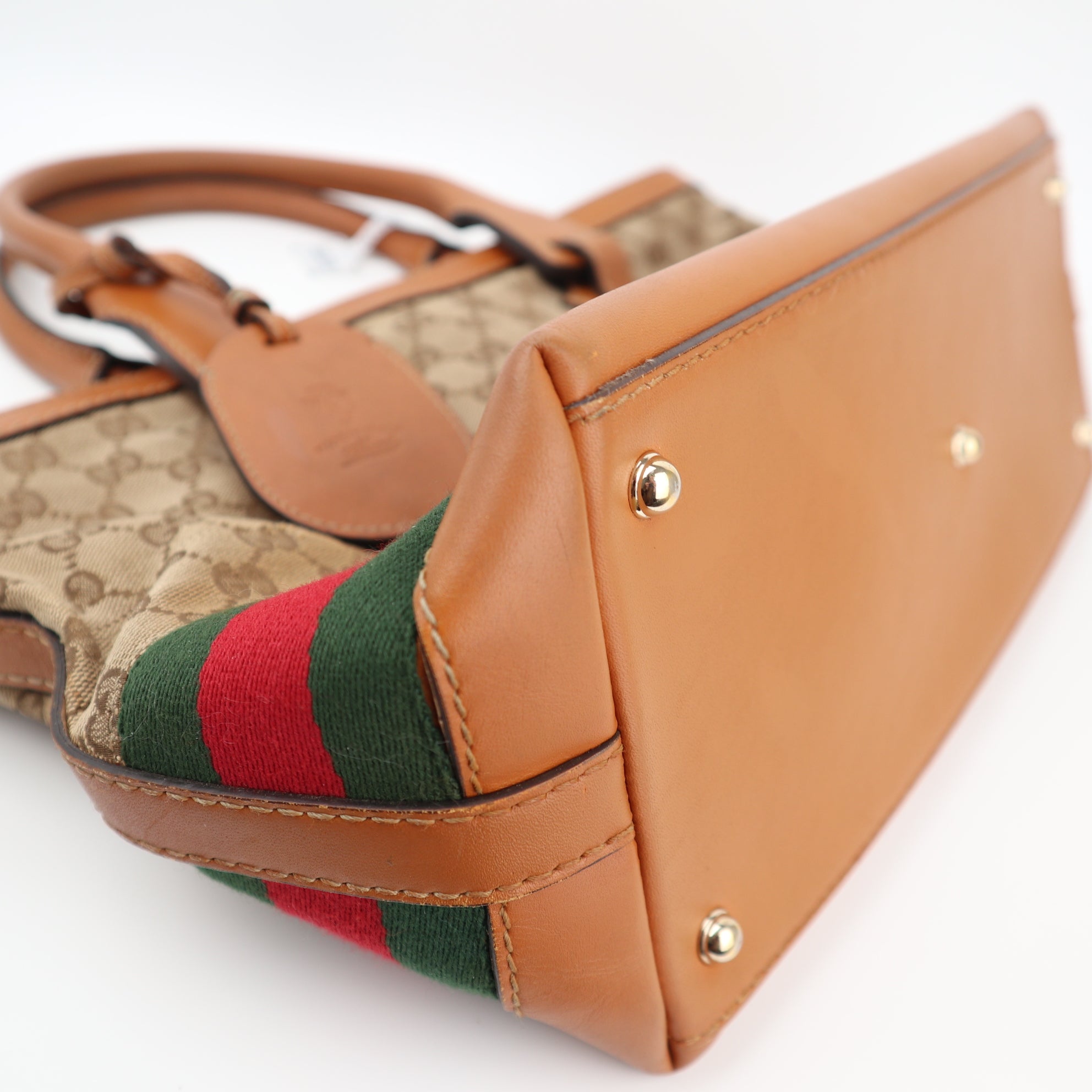 Gucci Monogram Beige/Tan GG Canvas And Leather Heritage Web Tote Shoulder Bag C1544 | Pre-Owned Very Good Beige / Tan Monogram Canvas, Leather