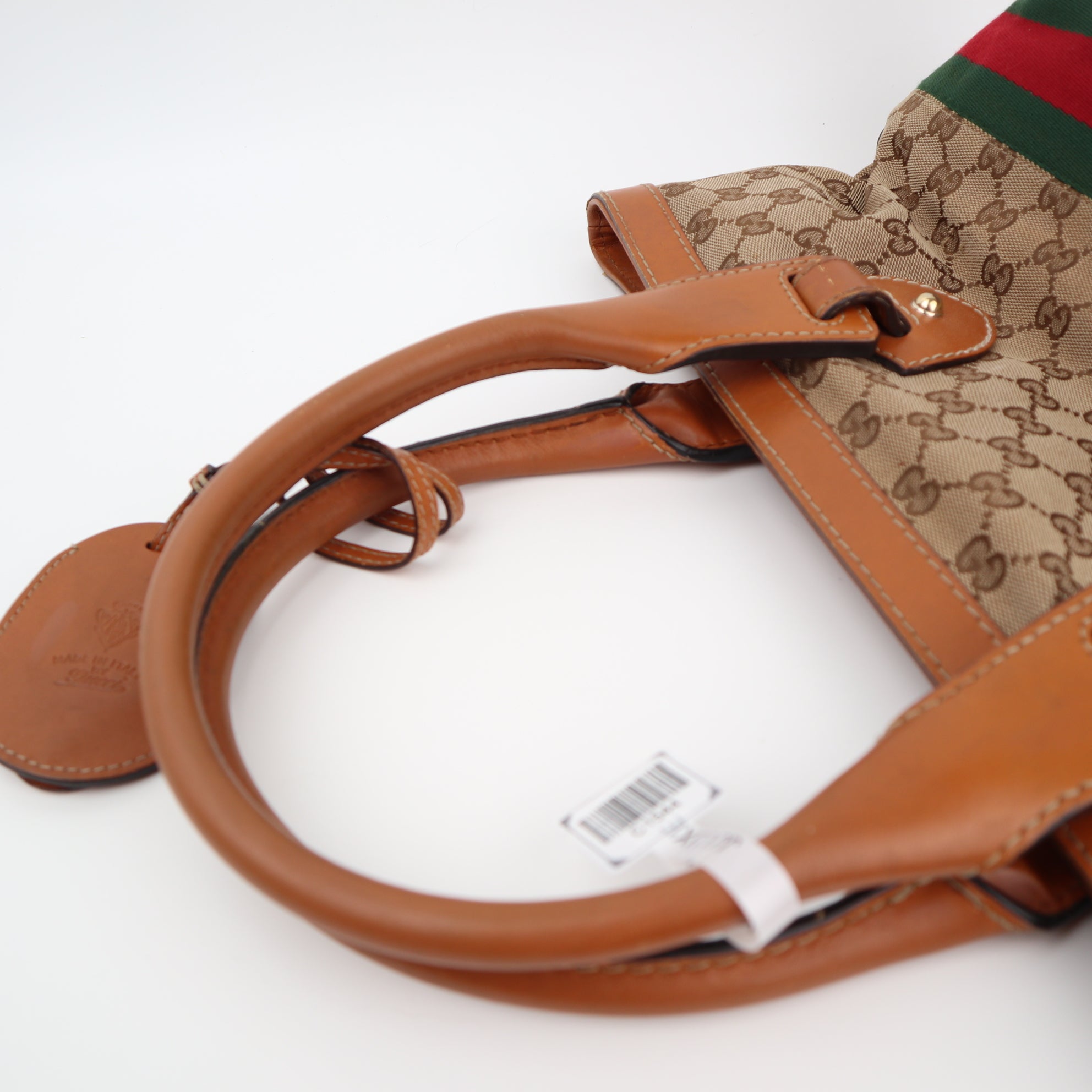 Gucci Monogram Beige/Tan GG Canvas And Leather Heritage Web Tote Shoulder Bag C1544 | Pre-Owned Very Good Beige / Tan Monogram Canvas, Leather