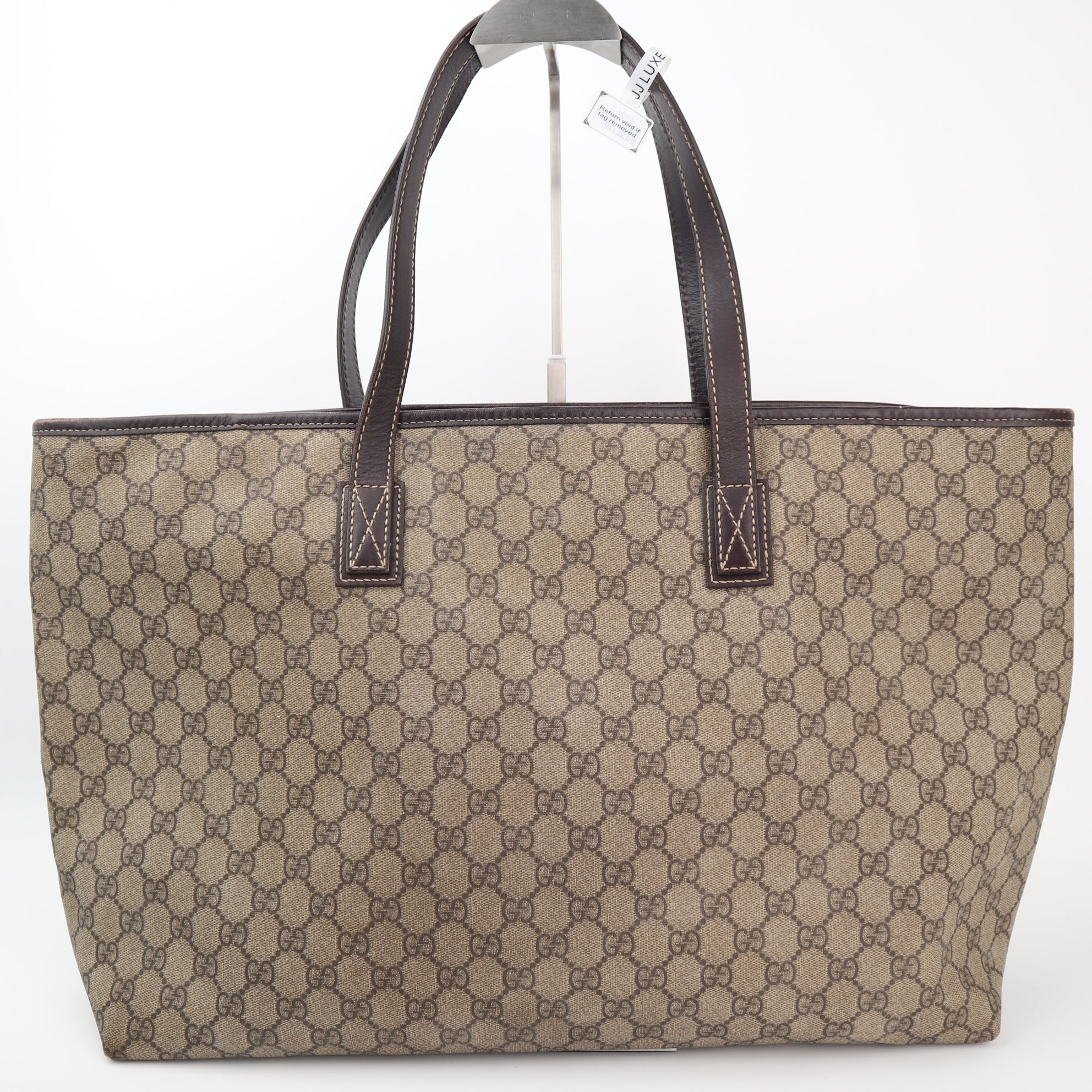 Gucci GG Supreme Monogram Medium Zippered Shopping Tote Brown Tote Bag C1547 | Pre-Owned Very Good Brown / Red Monogram Canvas