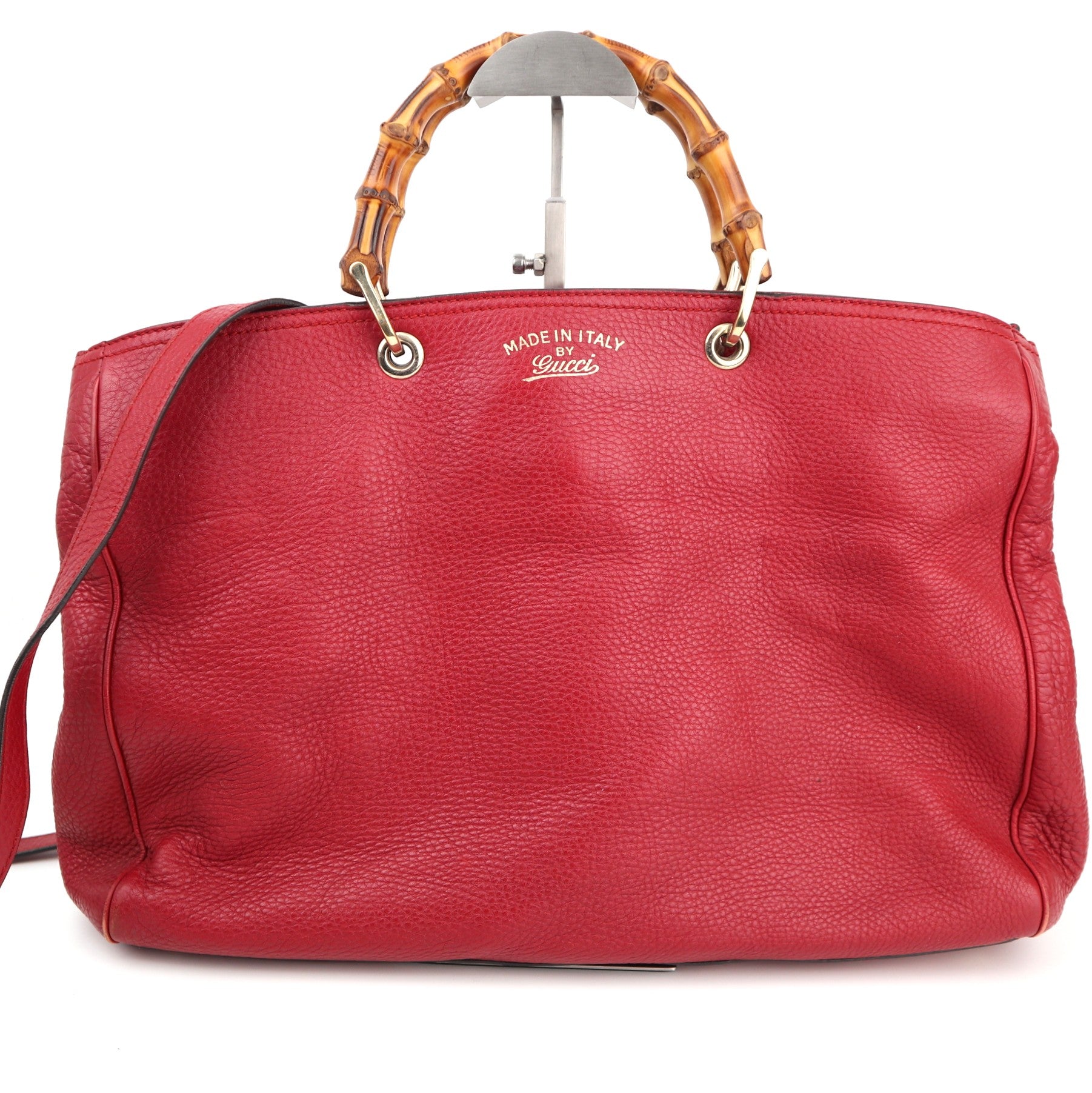 Gucci Pebbled Calfskin Medium Bamboo Shopper Tote Red Top Handle Bag C1577 | Pre-Owned Very Good Brown Pebbled Leather