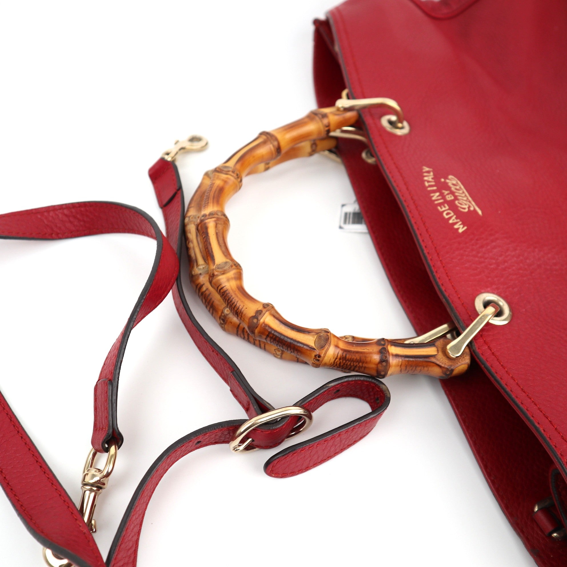Gucci Pebbled Calfskin Medium Bamboo Shopper Tote Red Top Handle Bag C1577 | Pre-Owned Very Good Brown Pebbled Leather
