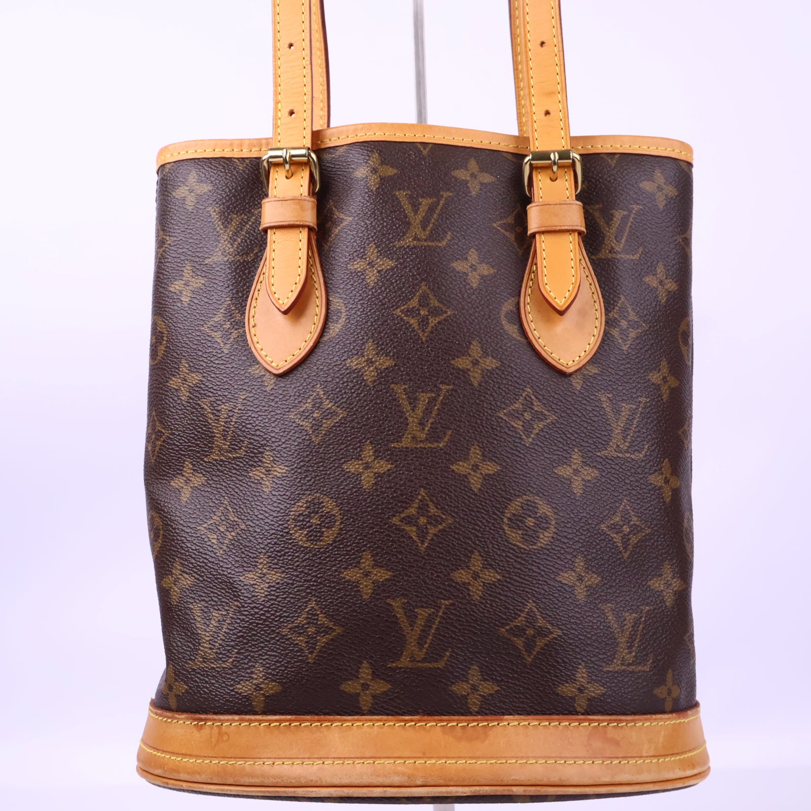 Louis Vuitton Petit Bucket Leather Monogram Bucket Bag J3162R | Pre-Owned Excellent Brown Monogram Canvas, Leather