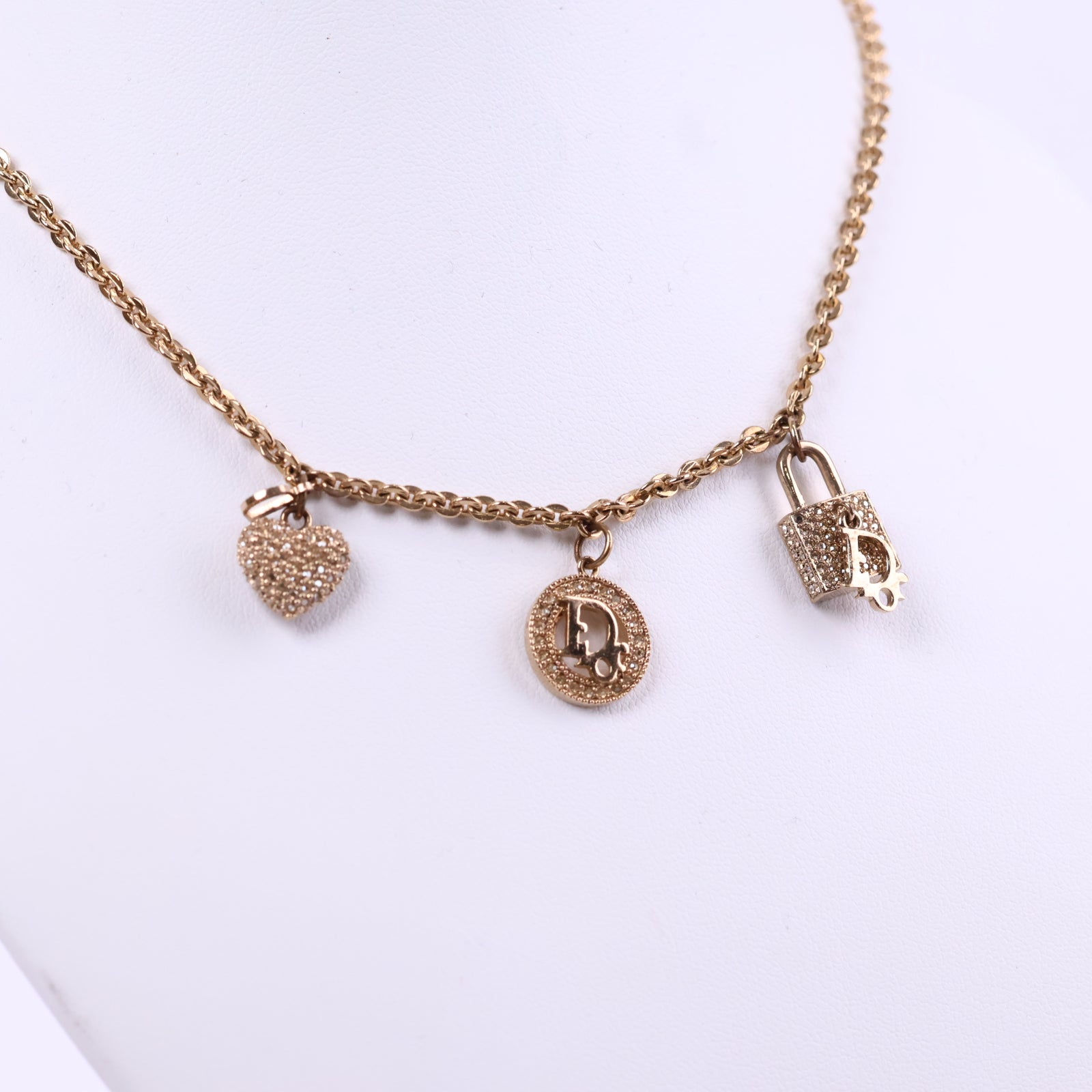 J3231 Christian Dior Long Charm Necklace Crystal Multi Charm Long Necklace | Pre-Owned Like New Gold-tone Multi Charm Metal, Crystal