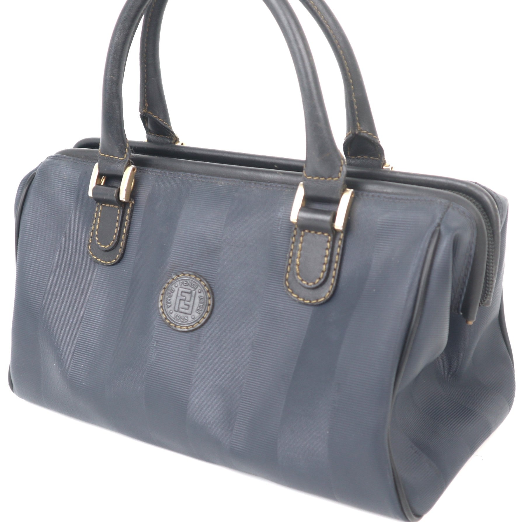 C1042 FENDI Pecan Canvas Hand Bag Navy Gold Auth-Pre Owned
