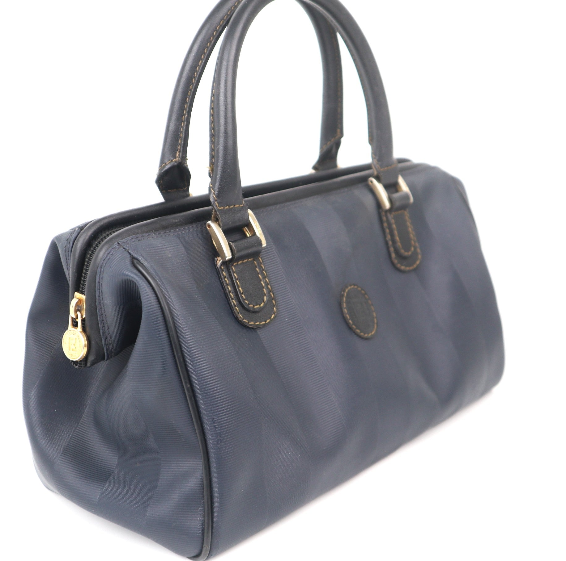 C1042 FENDI Pecan Canvas Hand Bag Navy Gold Auth-Pre Owned