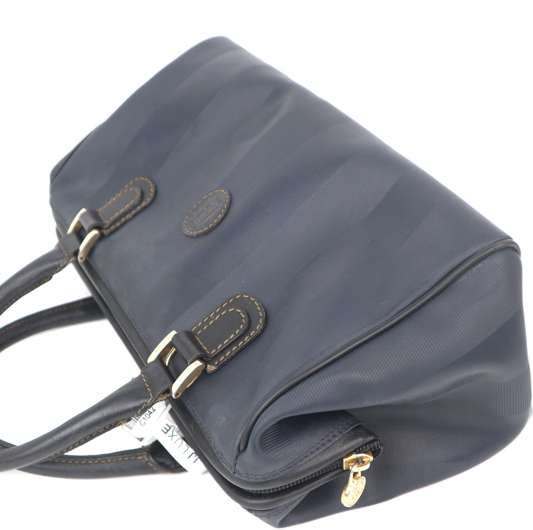 C1042 FENDI Pecan Canvas Hand Bag Navy Gold Auth-Pre Owned