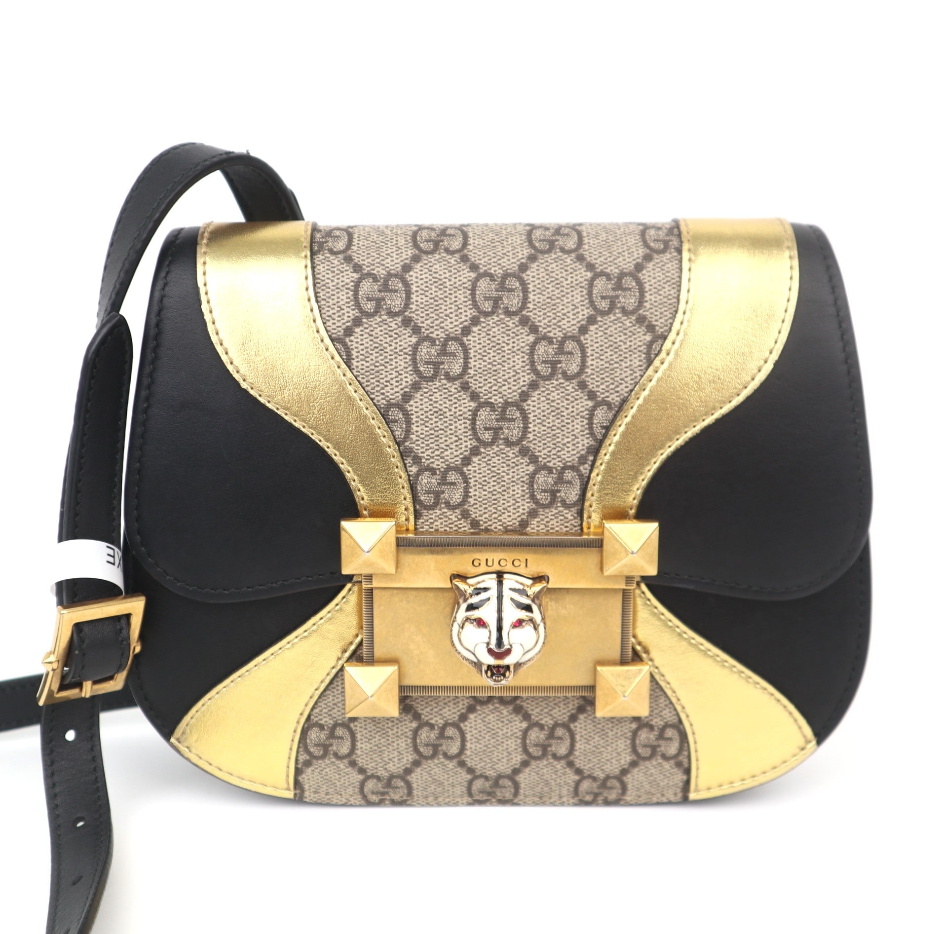 C1047 GUCCI GG Supreme Small Osiride Shoulder Bag With Black & Gold Trim Tiger Head-Pre Owned