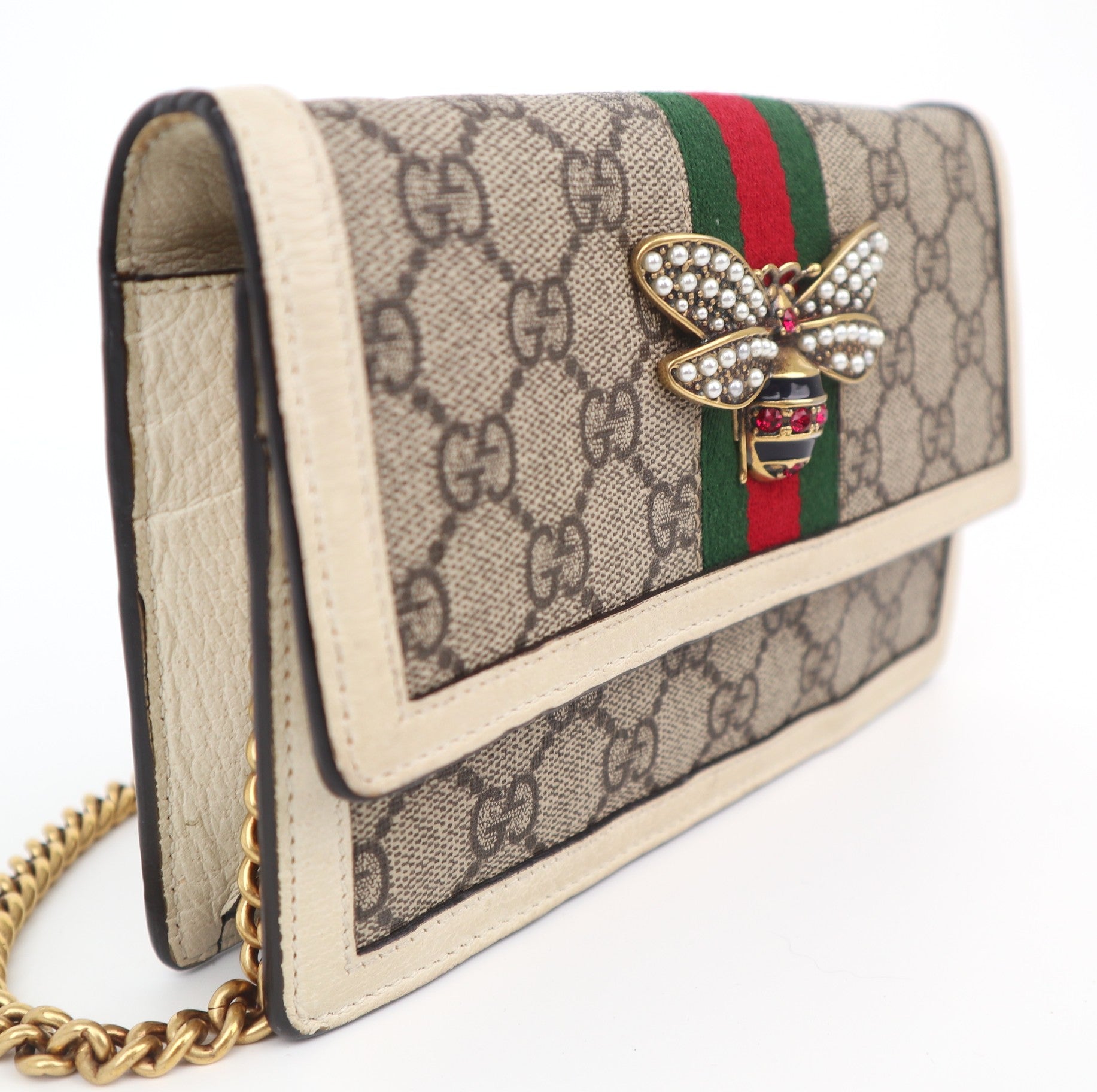 C1052 GUCCI GG Supreme Monogram Web Queen Margaret Chain Wallet-Pre Owned
