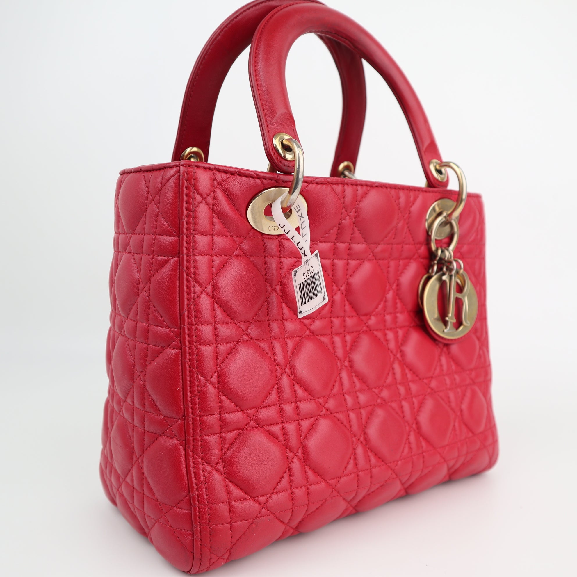 Christian Dior Lambskin Cannage Medium Lady Dior Red Shoulder Bag C1613 | Pre-Owned Very Good Red Cannage Leather
