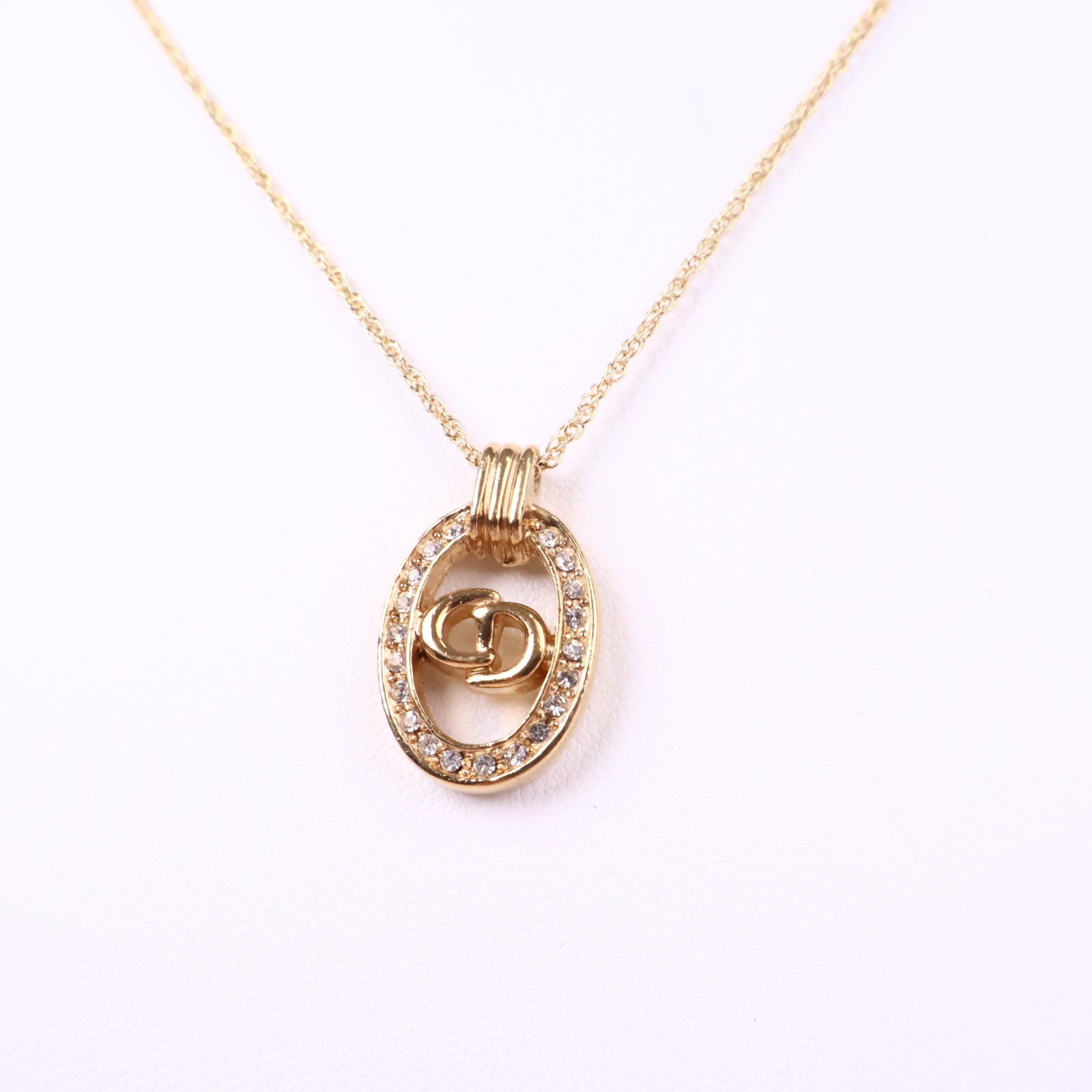 J3083 Christian Dior Necklace Dior Ribbon motif Rhinestone Gold Plated Necklace | Pre-Owned Like Gold-plated metal, Crystal Ribbon motif
