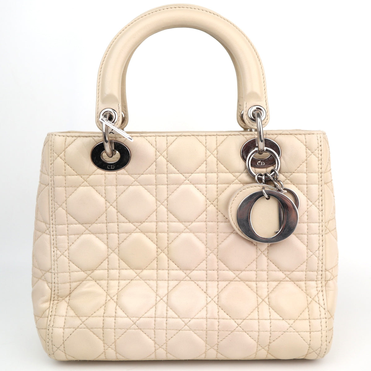 C2491 Christian Dior Top Handle Bag Beige Cannage Quilted Lambskin Leather Medium Lady Dior Bag | Pre-Owned Very Good Beige Lambskin leather Cannage quilted