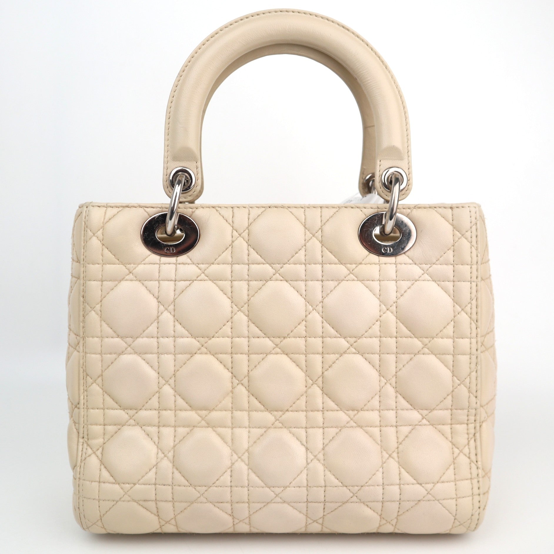 C2491 Christian Dior Top Handle Bag Beige Cannage Quilted Lambskin Leather Medium Lady Dior Bag | Pre-Owned Very Good Beige Lambskin leather Cannage quilted