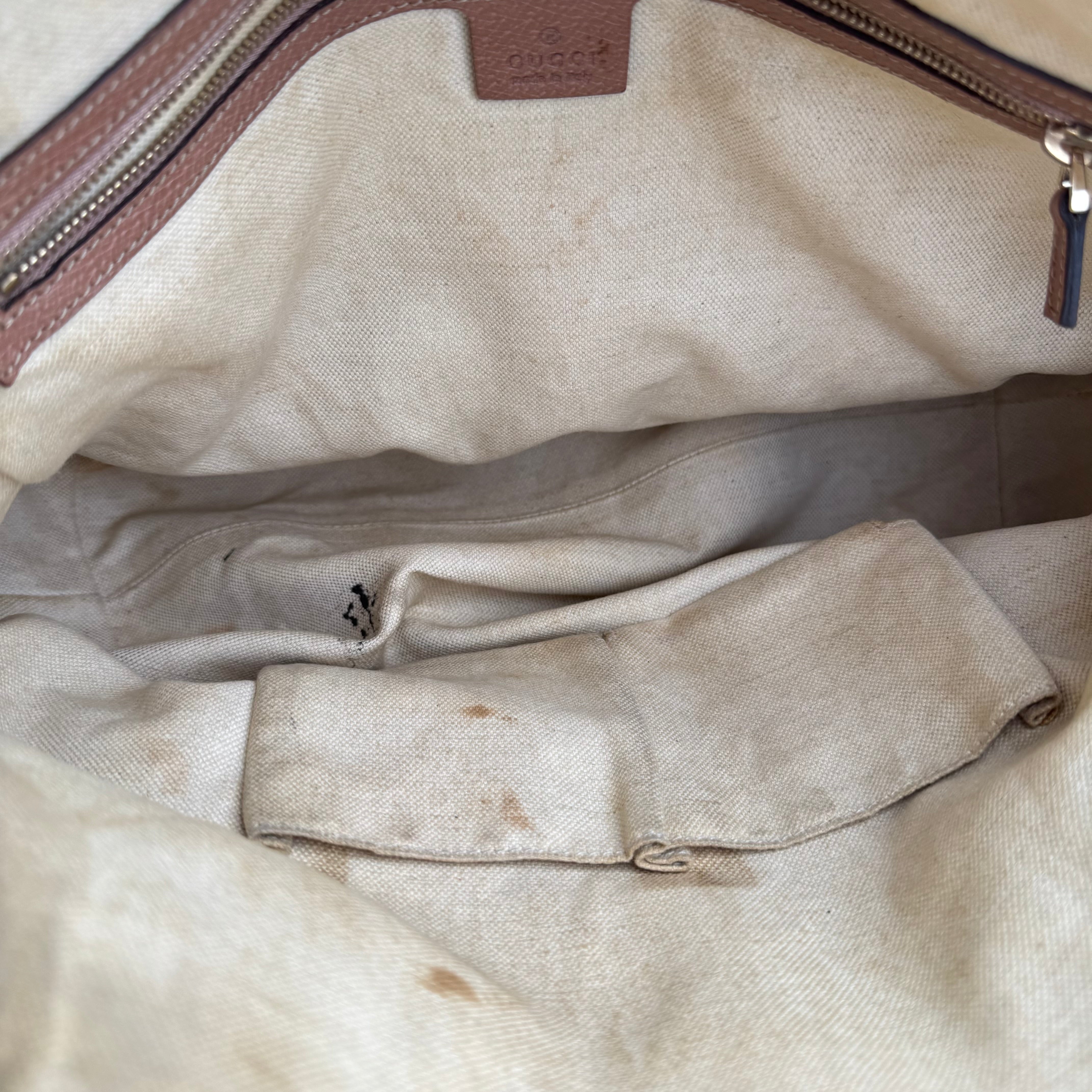 J1397 Gucci GG Canvas Tote Bag Pink Beige Khaki Leather- Pre Owned