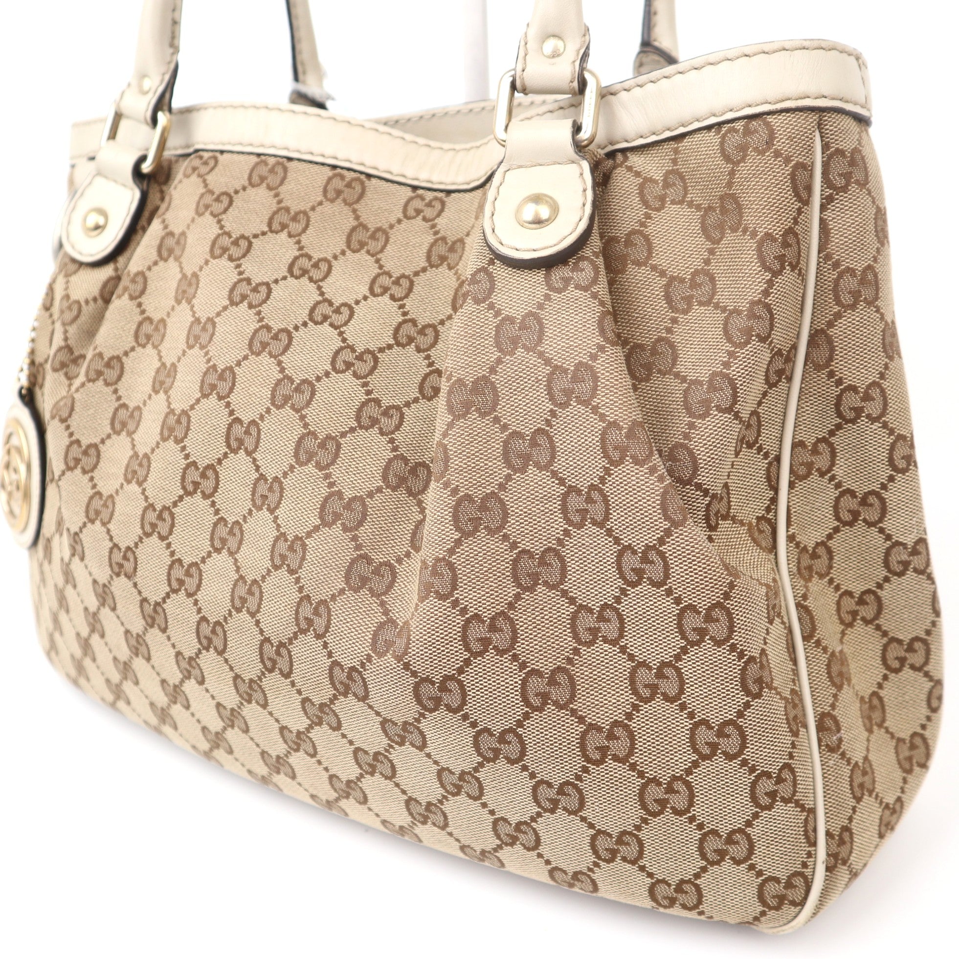 C1087 Gucci Brown GG Canvas Sukey Tote Beige Cloth-Pre Owned