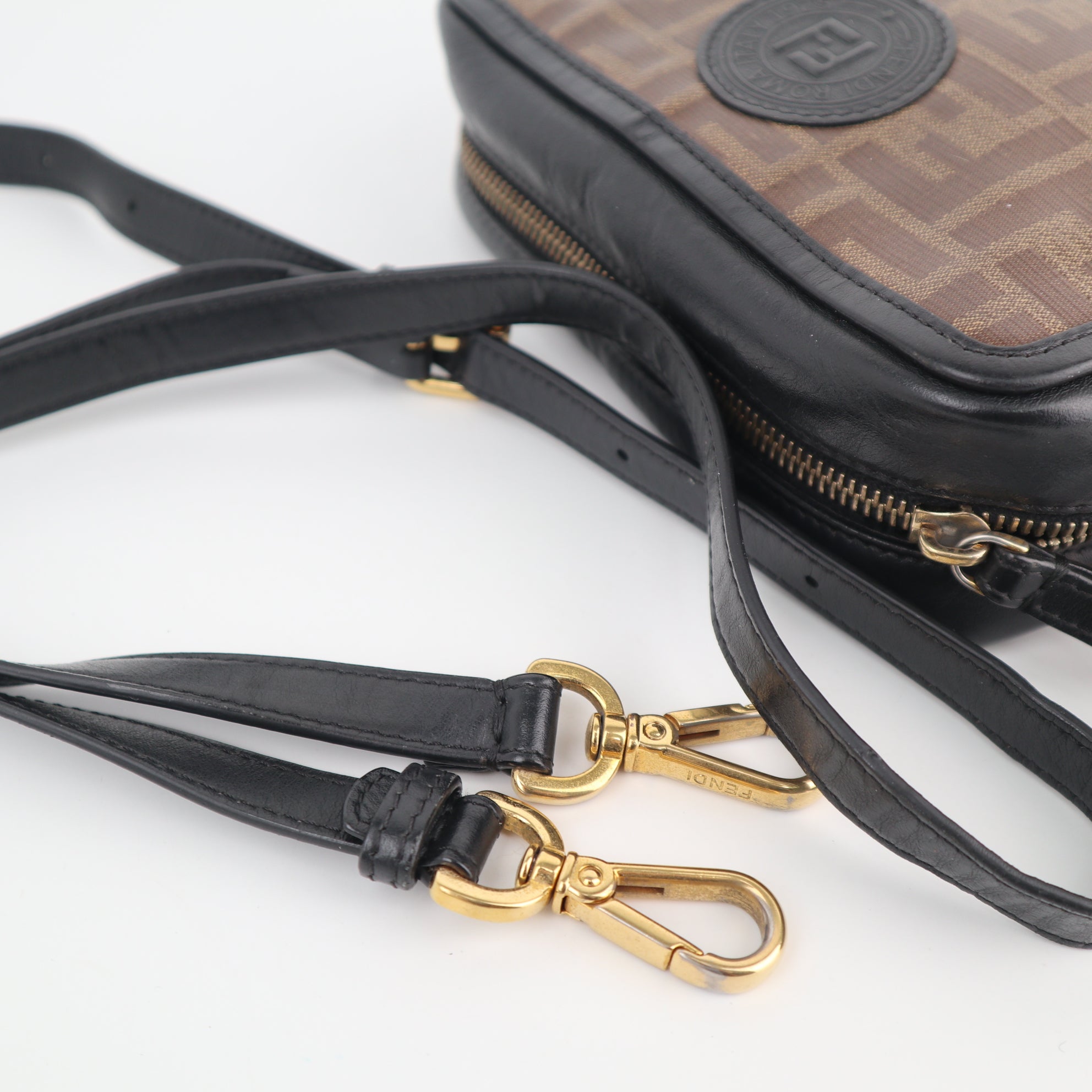 C2525 Fendi Crossbody Bag Glazed Fabric Vitello Century 1974 Stamp Camera Case | Pre-Owned Very Good Logo / Signature Leather, Glazed Fabric