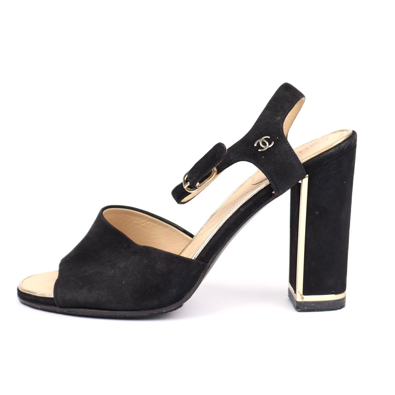 J1320 CHANEL Black Suede CC Logo Ankle Strap Block Heel Sandals EU36.5/ UK3.5 - Pre Owned
