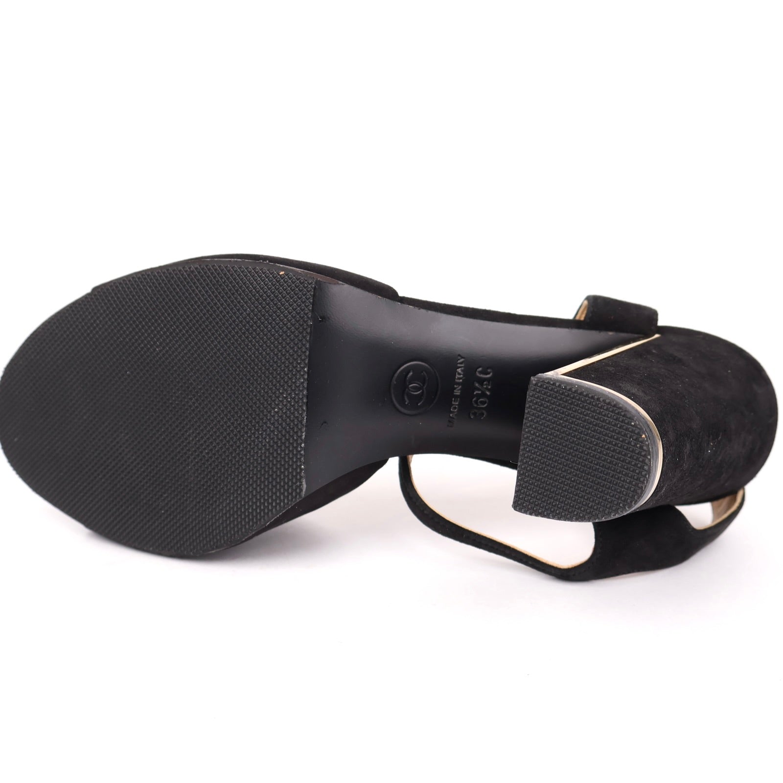 J1320 CHANEL Black Suede CC Logo Ankle Strap Block Heel Sandals EU36.5/ UK3.5 - Pre Owned