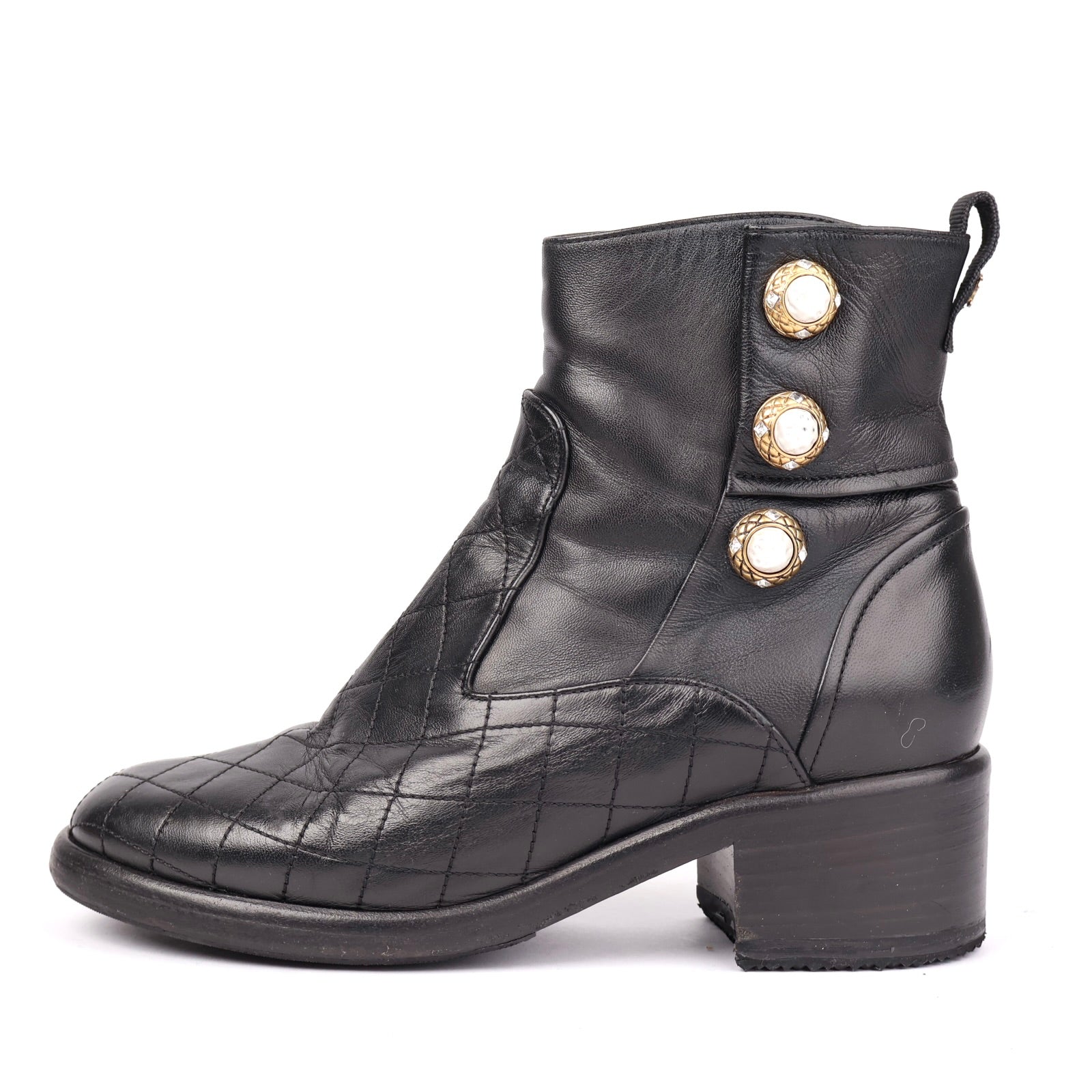 J1323 CHANEL Black Quilted Leather Ankle Boots with Gold Tone Button Detail EU37/UK4- Pre Owned