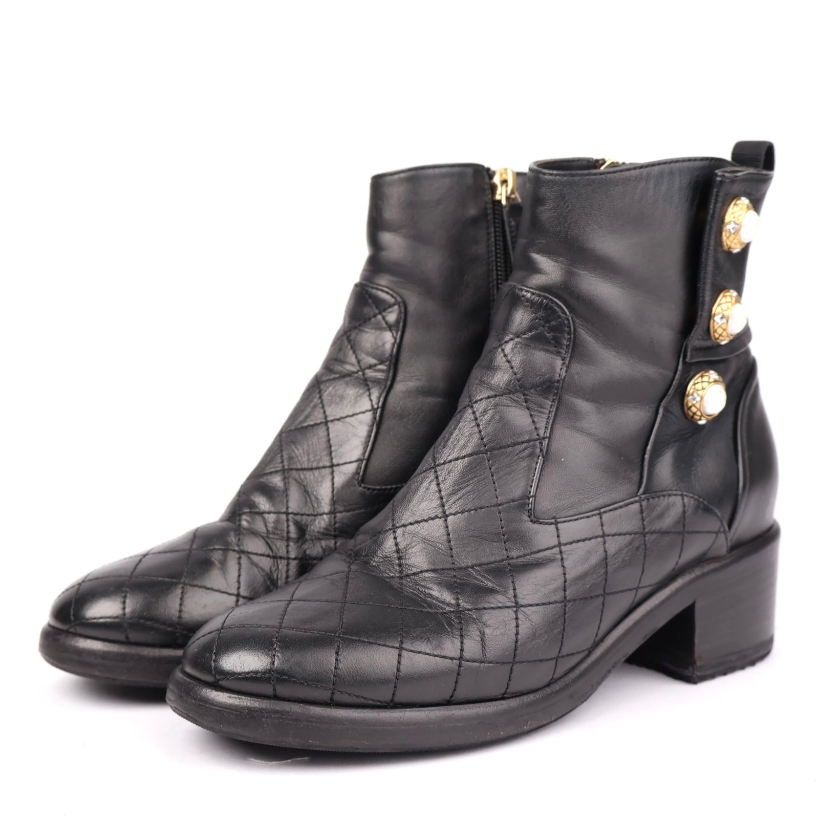 J1323 CHANEL Black Quilted Leather Ankle Boots with Gold Tone Button Detail EU37/UK4- Pre Owned