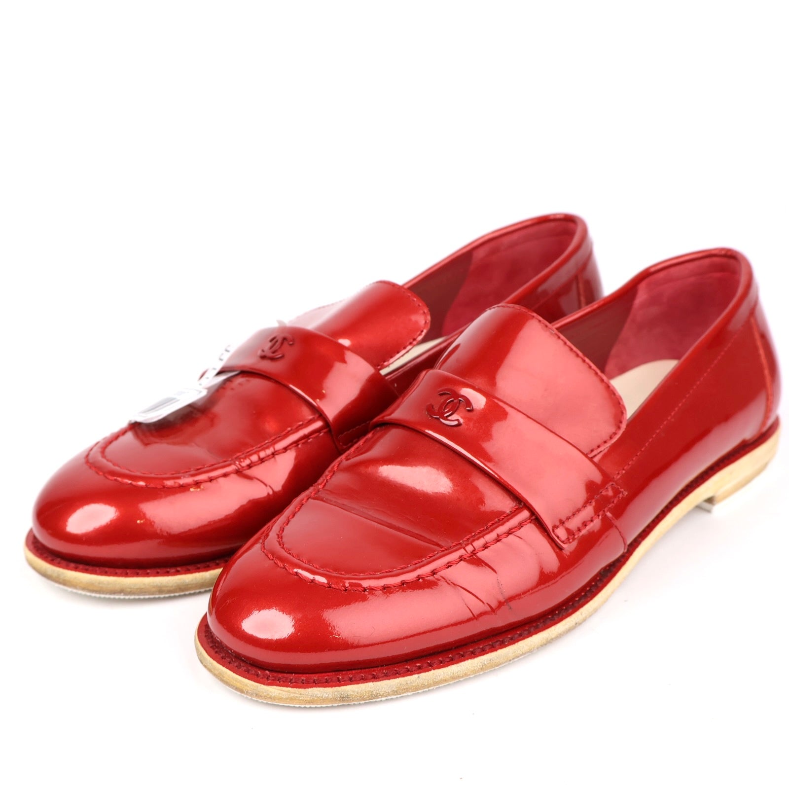 J1327 CHANEL Red Patent Leather CC Logo Loafers EU36.5/UK3.5- Pre Owned