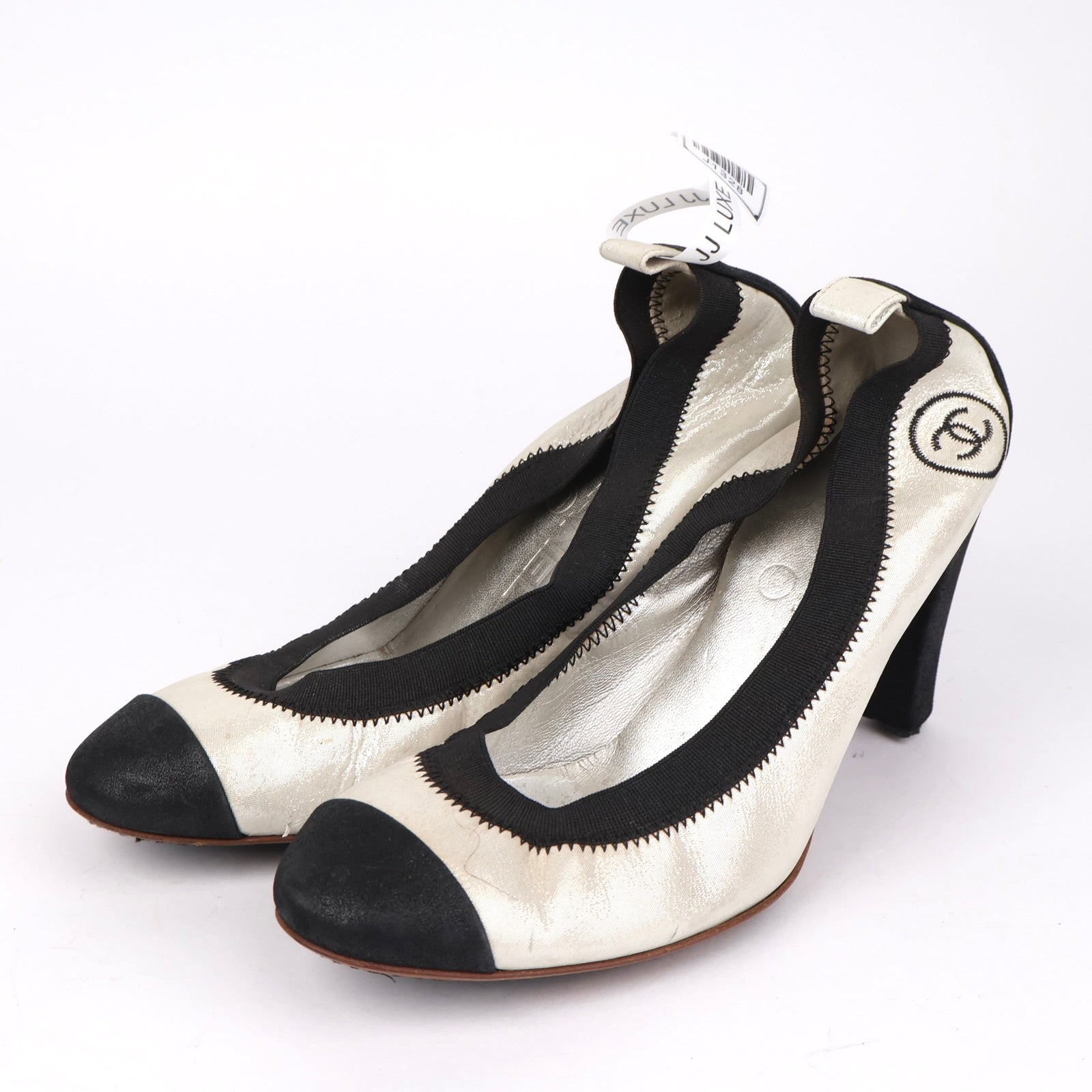 J1328 CHANEL Sliver and Black Two-Tone Canvas Pumps EU36.5/UK3.5- Pre Owned