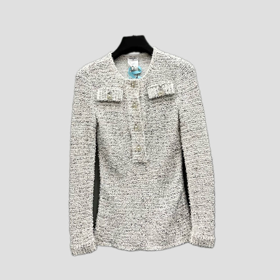 CHANEL Woven Long-Sleeve Top with Pearl Buttons- 95% new