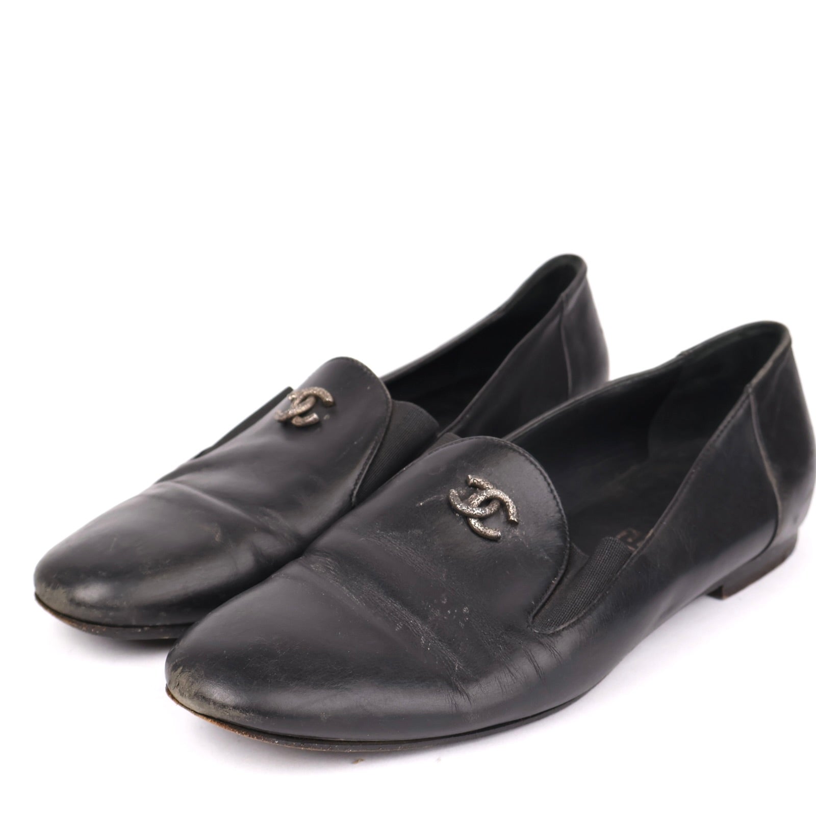 J1337 CHANEL Black Leather CC Logo Smoking Flats EU37/UK4- Pre Owned