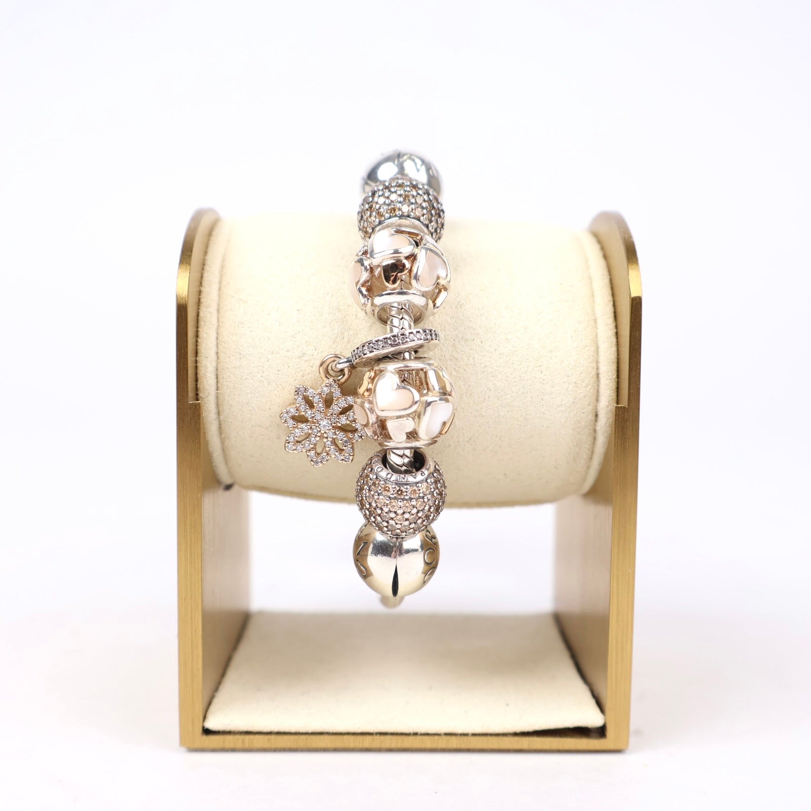 J1298 Pandora Moments Snake Chain Bracelet with Sparkling & Pink Heart Charms- Pre Owned
