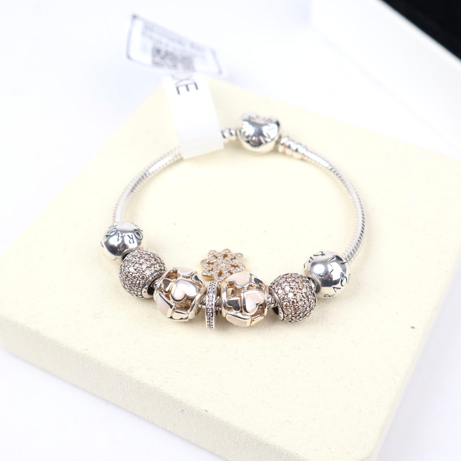 J1298 Pandora Moments Snake Chain Bracelet with Sparkling & Pink Heart Charms- Pre Owned