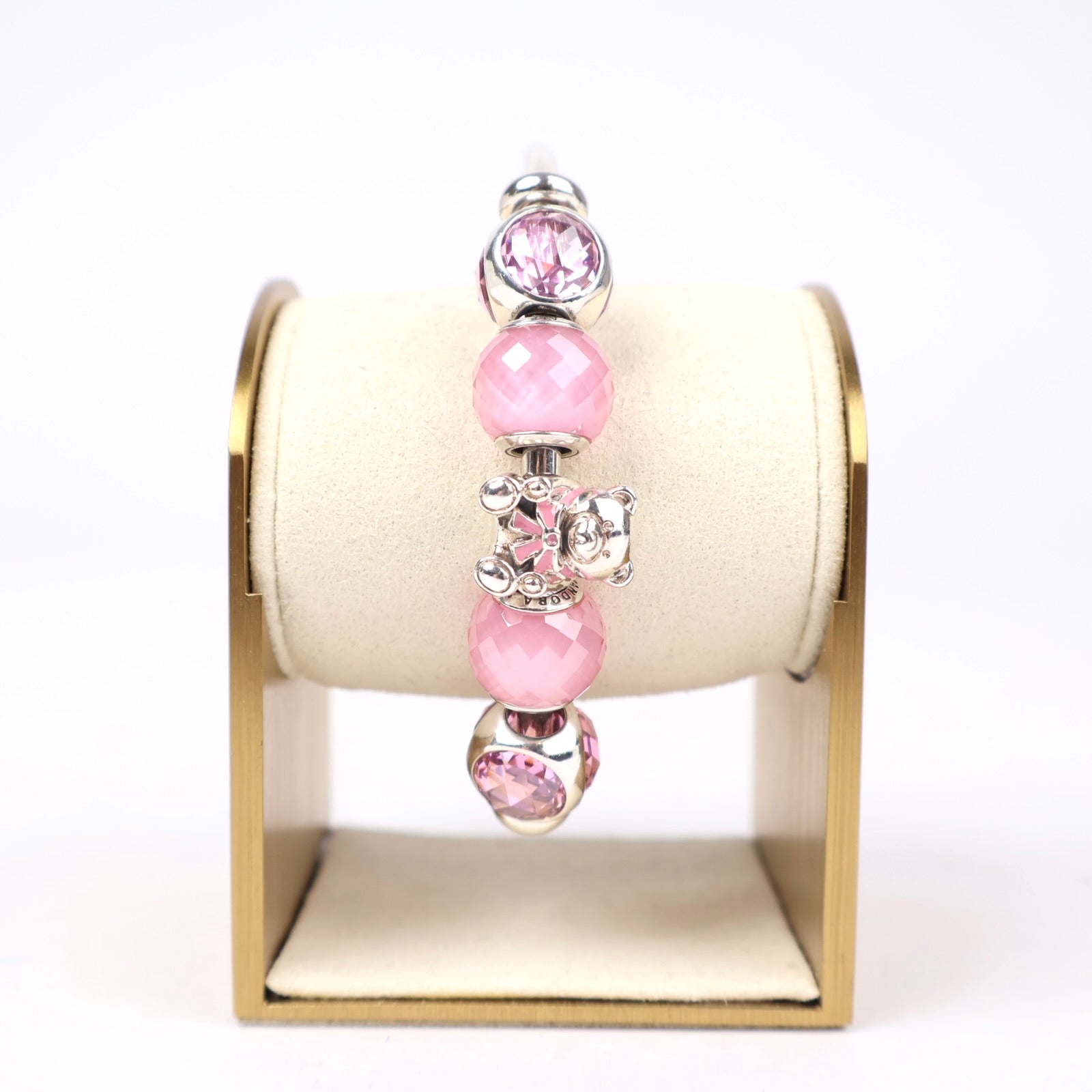 J1290 Pandora Moments Open Bangle with Pink Sparkling and Teddy Bear Charms- Pre Owned