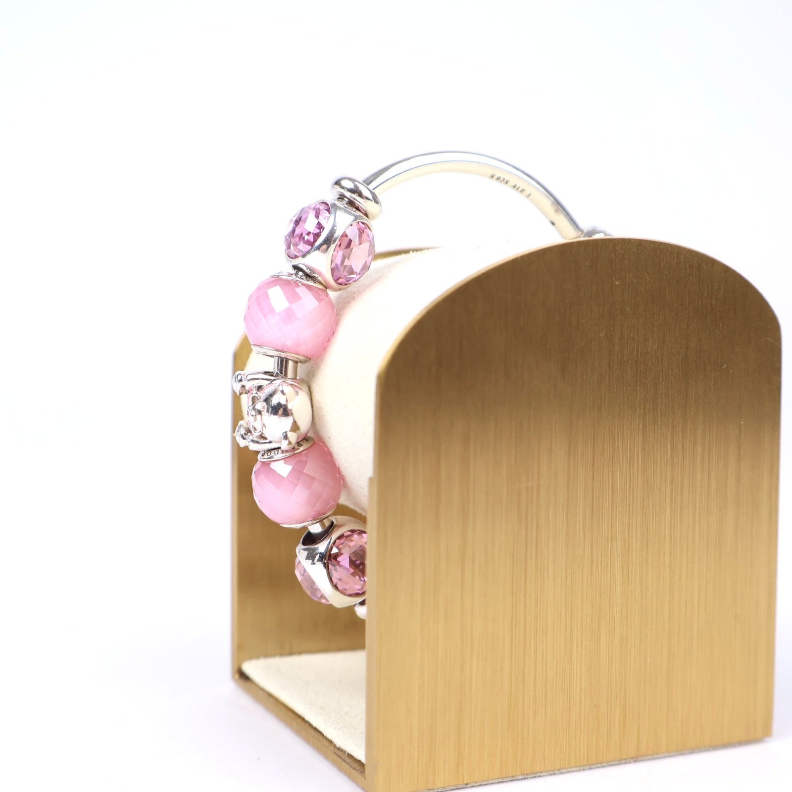 J1290 Pandora Moments Open Bangle with Pink Sparkling and Teddy Bear Charms- Pre Owned