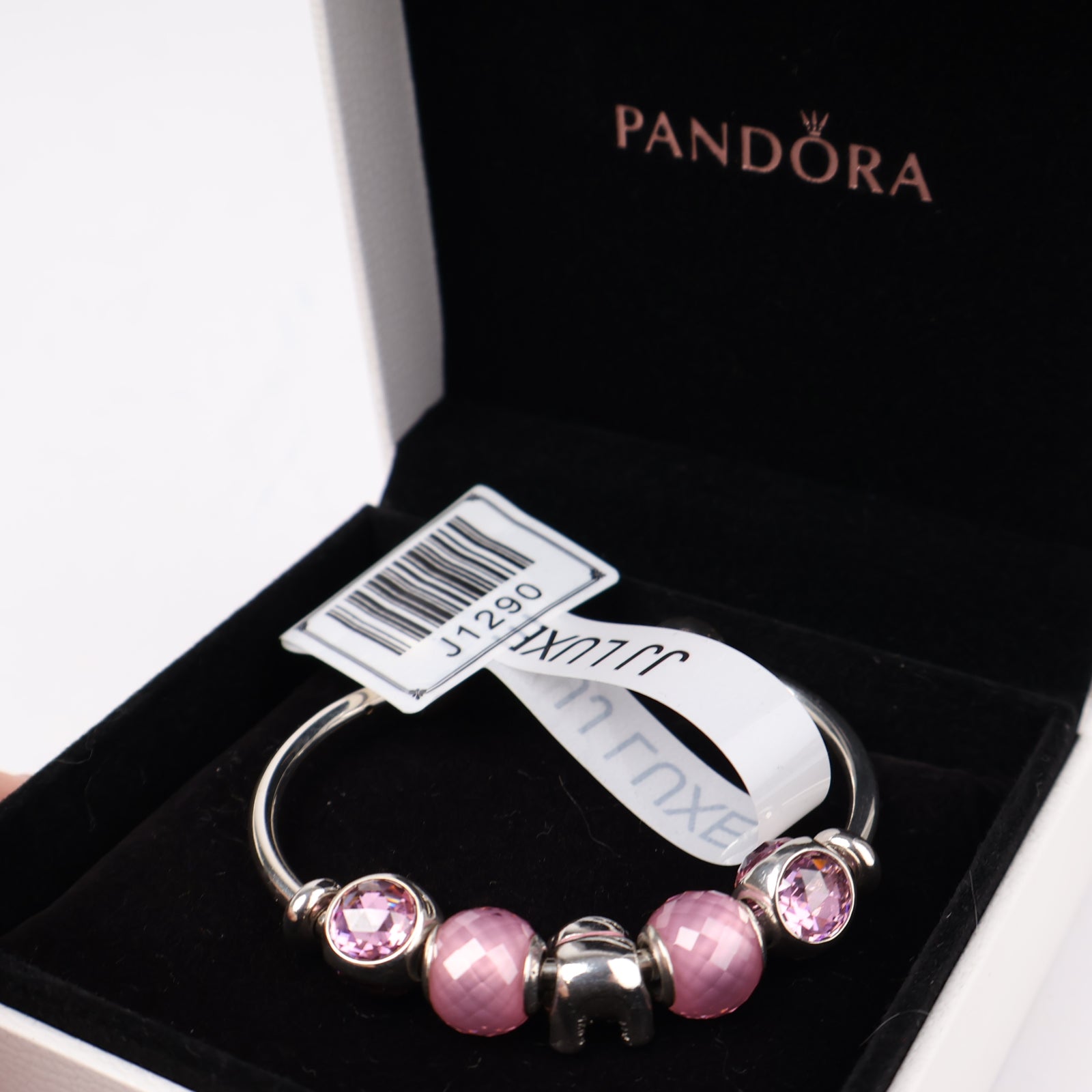 J1290 Pandora Moments Open Bangle with Pink Sparkling and Teddy Bear Charms- Pre Owned