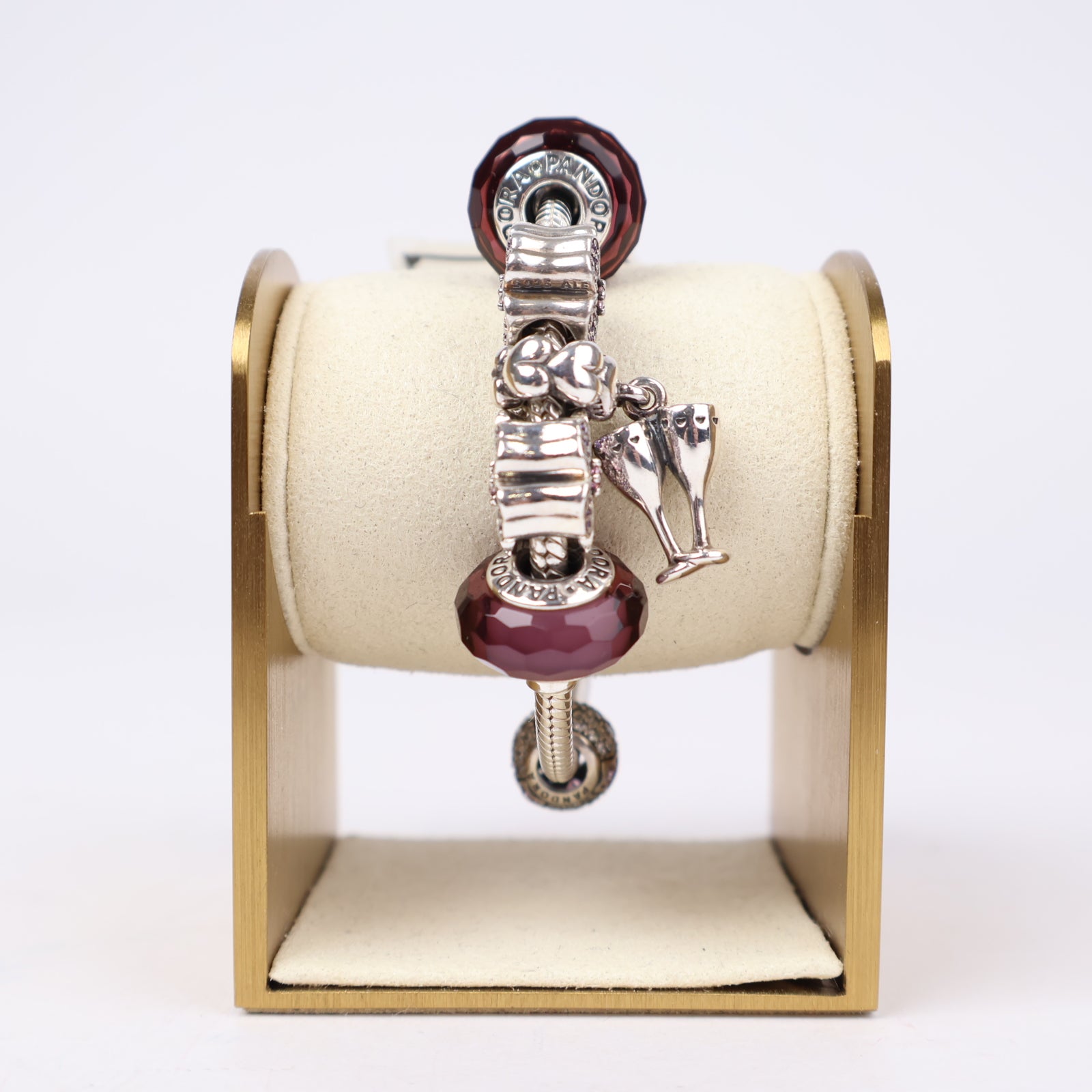 J1300 Pandora Moments Bracelet with Purple Flower and Burgundy Murano Glass Charms- Pre Owned