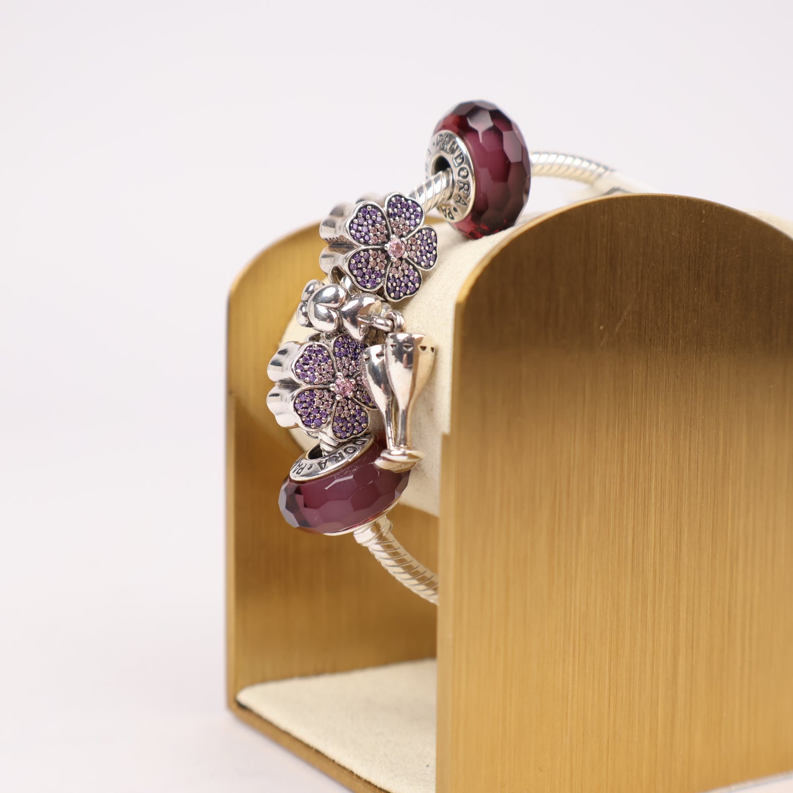J1300 Pandora Moments Bracelet with Purple Flower and Burgundy Murano Glass Charms- Pre Owned