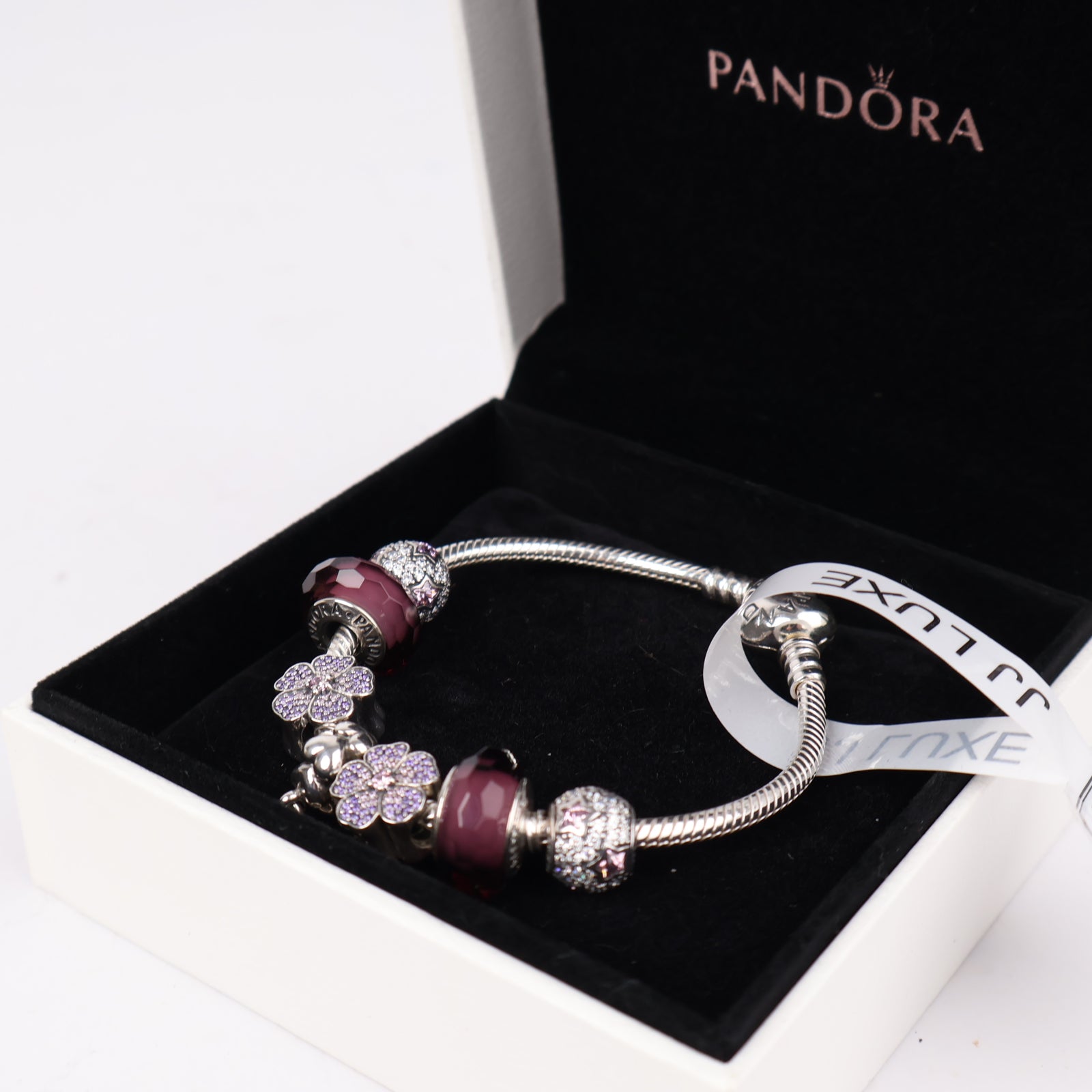 J1300 Pandora Moments Bracelet with Purple Flower and Burgundy Murano Glass Charms- Pre Owned
