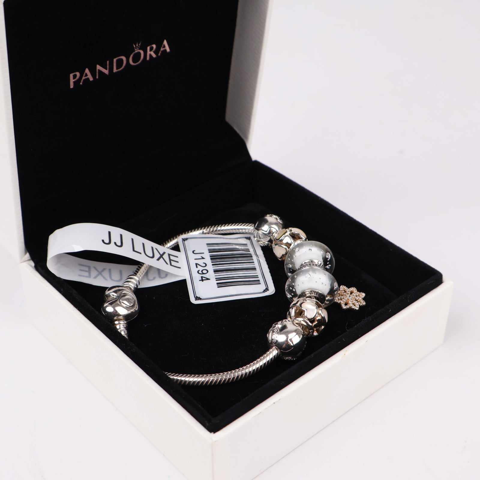 J1294 Pandora Snowflake Murano Glass Charm Bracelet- Pre Owned