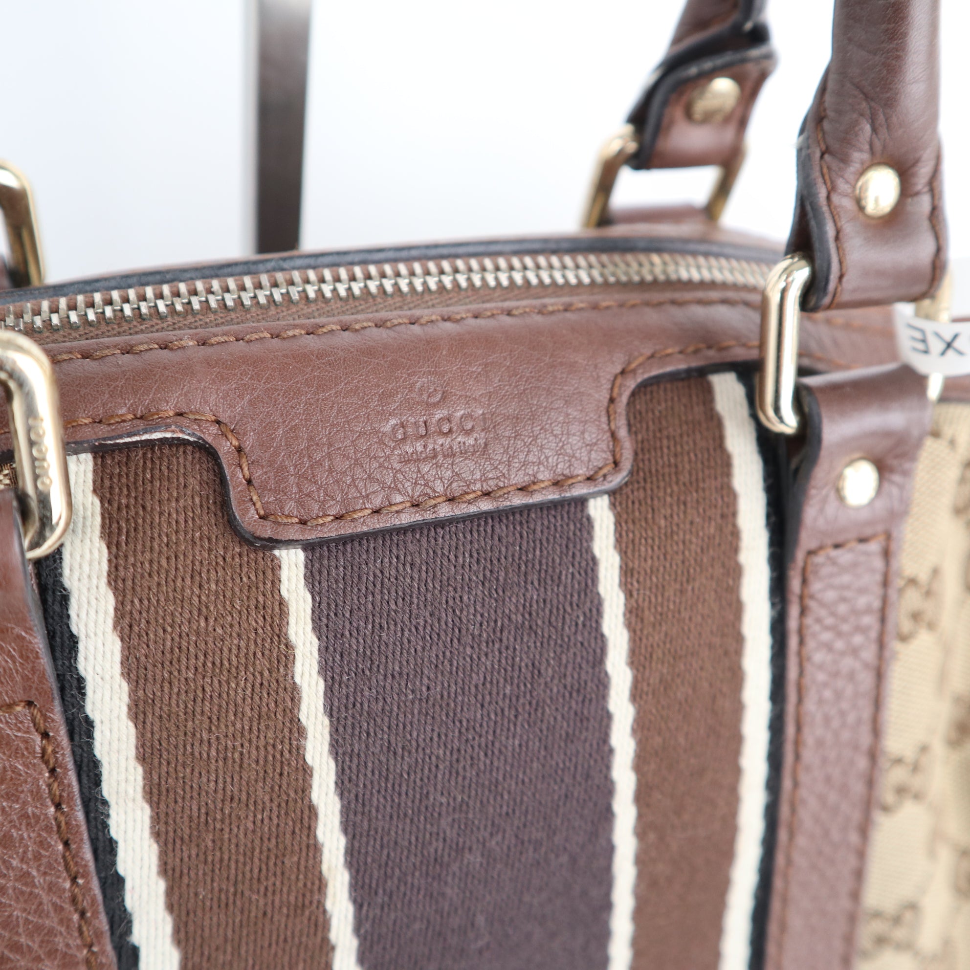 Gucci Monogram Vintage Web Boston Brown Top Handle Bag C1788 | Pre-Owned Very Good Brown Monogram, Web Canvas