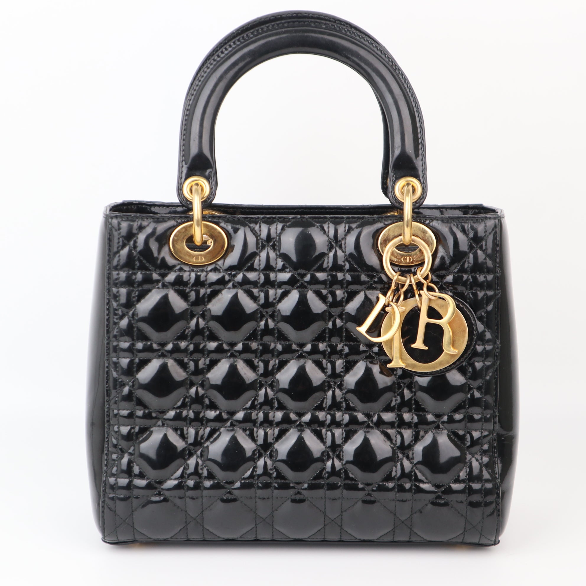 C1180 Christian Dior Black Patent Leather Medium Lady Dior Bag-Pre Owned