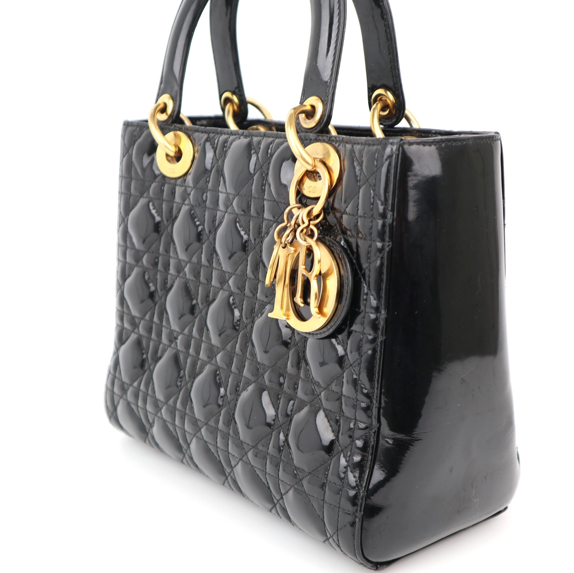 C1180 Christian Dior Black Patent Leather Medium Lady Dior Bag-Pre Owned