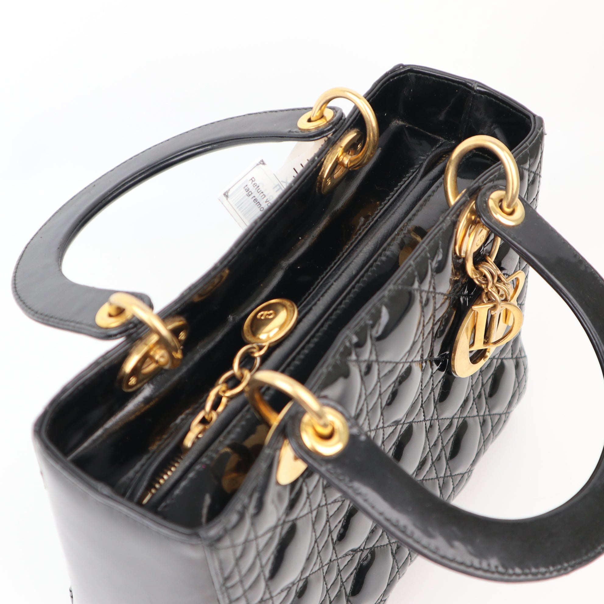 C1180 Christian Dior Black Patent Leather Medium Lady Dior Bag-Pre Owned