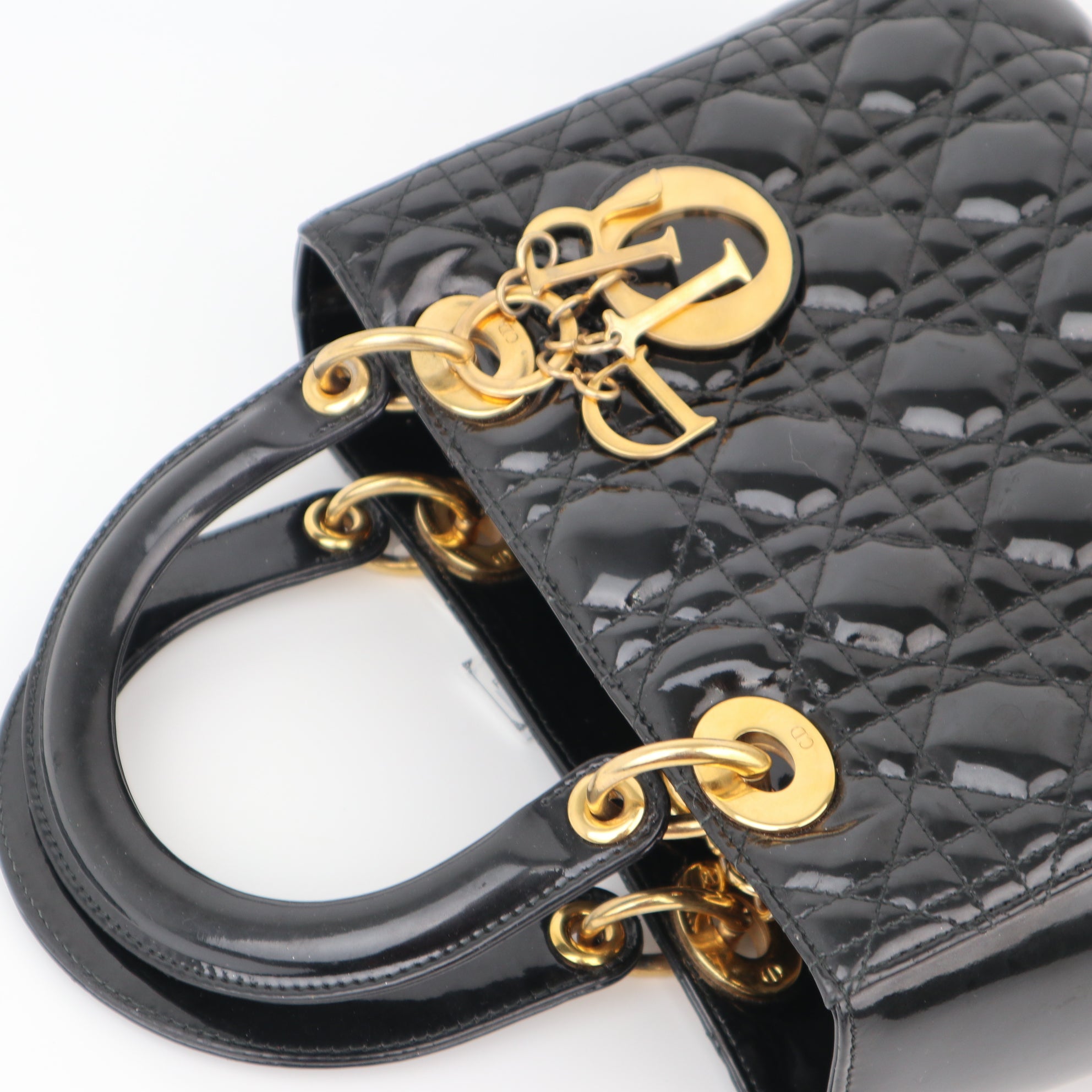 C1180 Christian Dior Black Patent Leather Medium Lady Dior Bag-Pre Owned