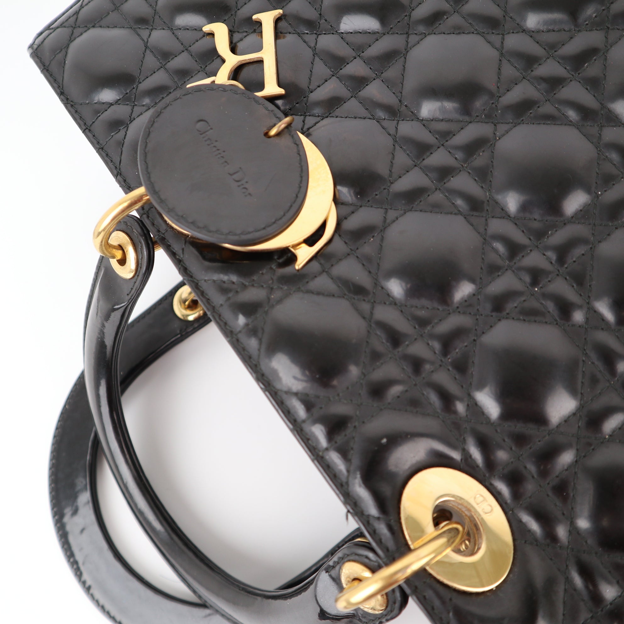 C1181 Dior Lady Dior Large Black Patent Leather Totes Bag-Pre Owned
