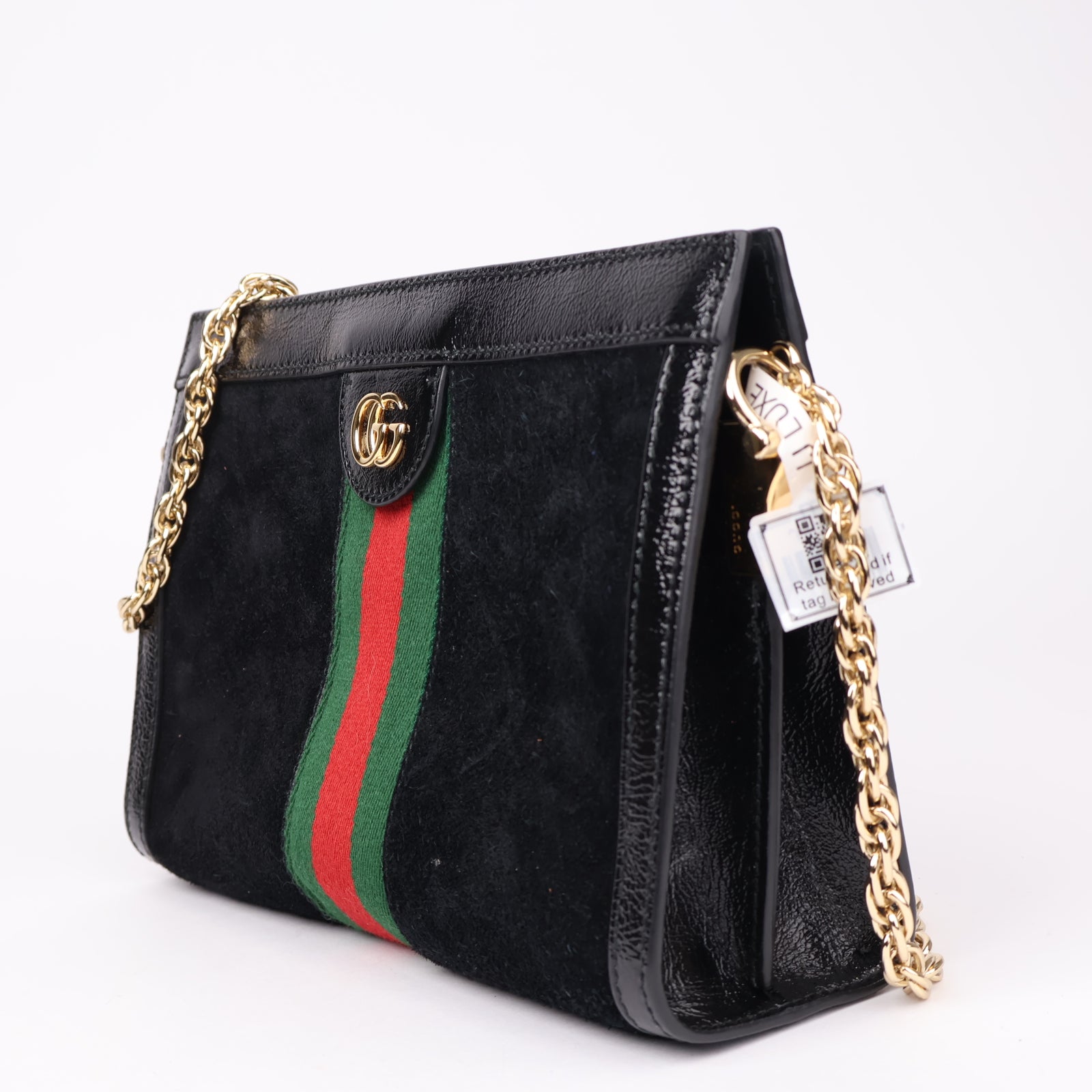 J1204 Gucci Black Suede and Patent Leather Medium Ophidia Chain- Pre Owned
