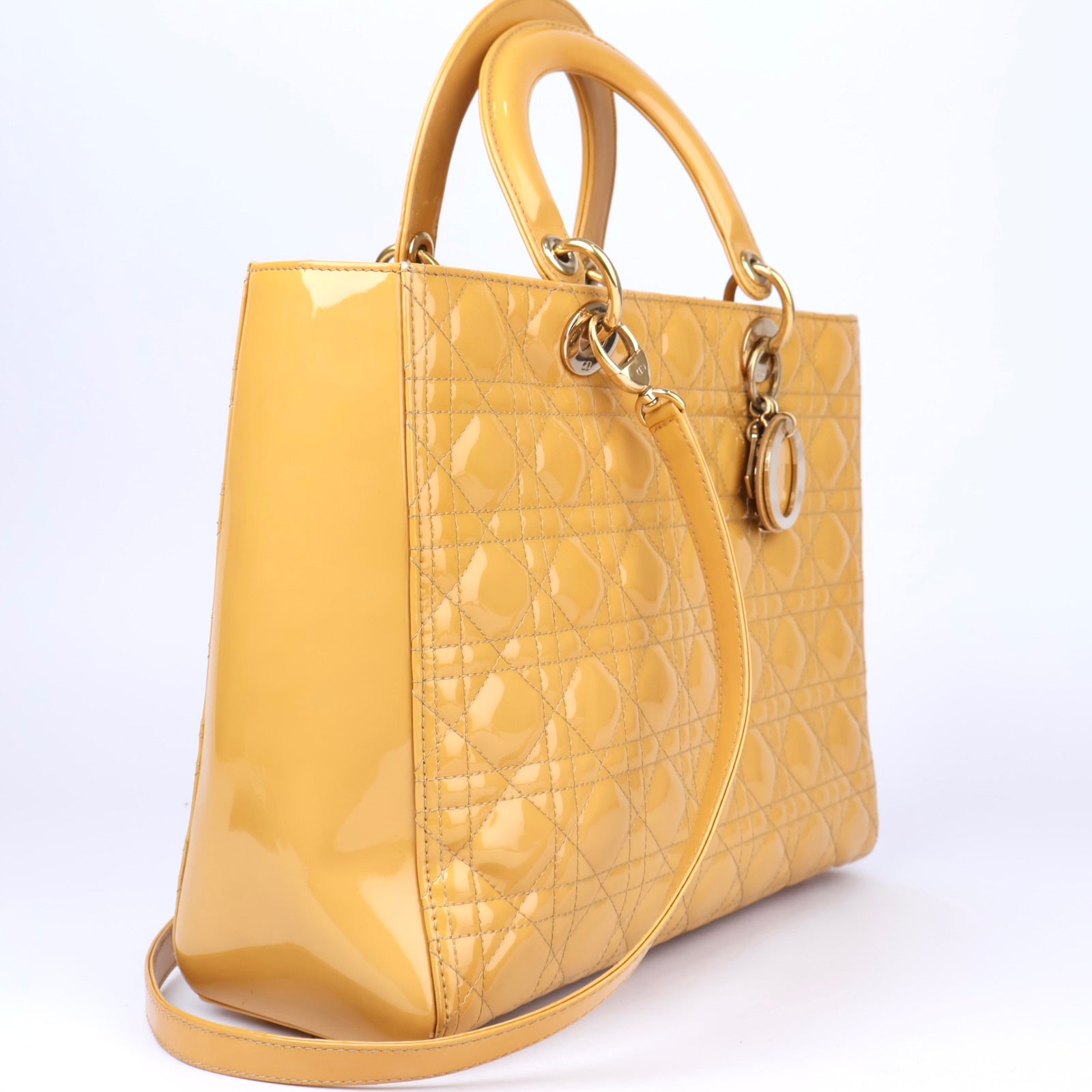 J1147 Dior Yellow Cannage Patent Leather Lady Dior Tote- Pre Owned