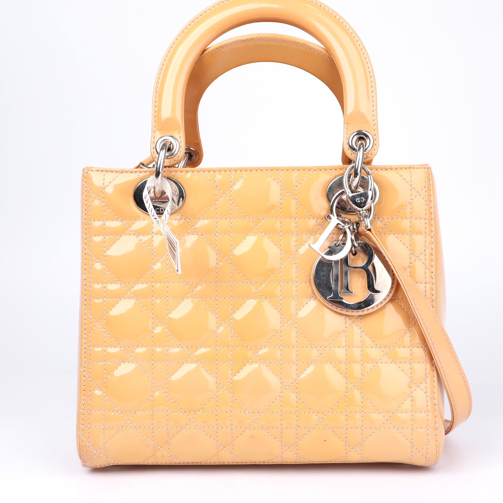 J1092 Christian Dior Beige Cannage Quilted Patent Leather Medium Bag- Pre Owned