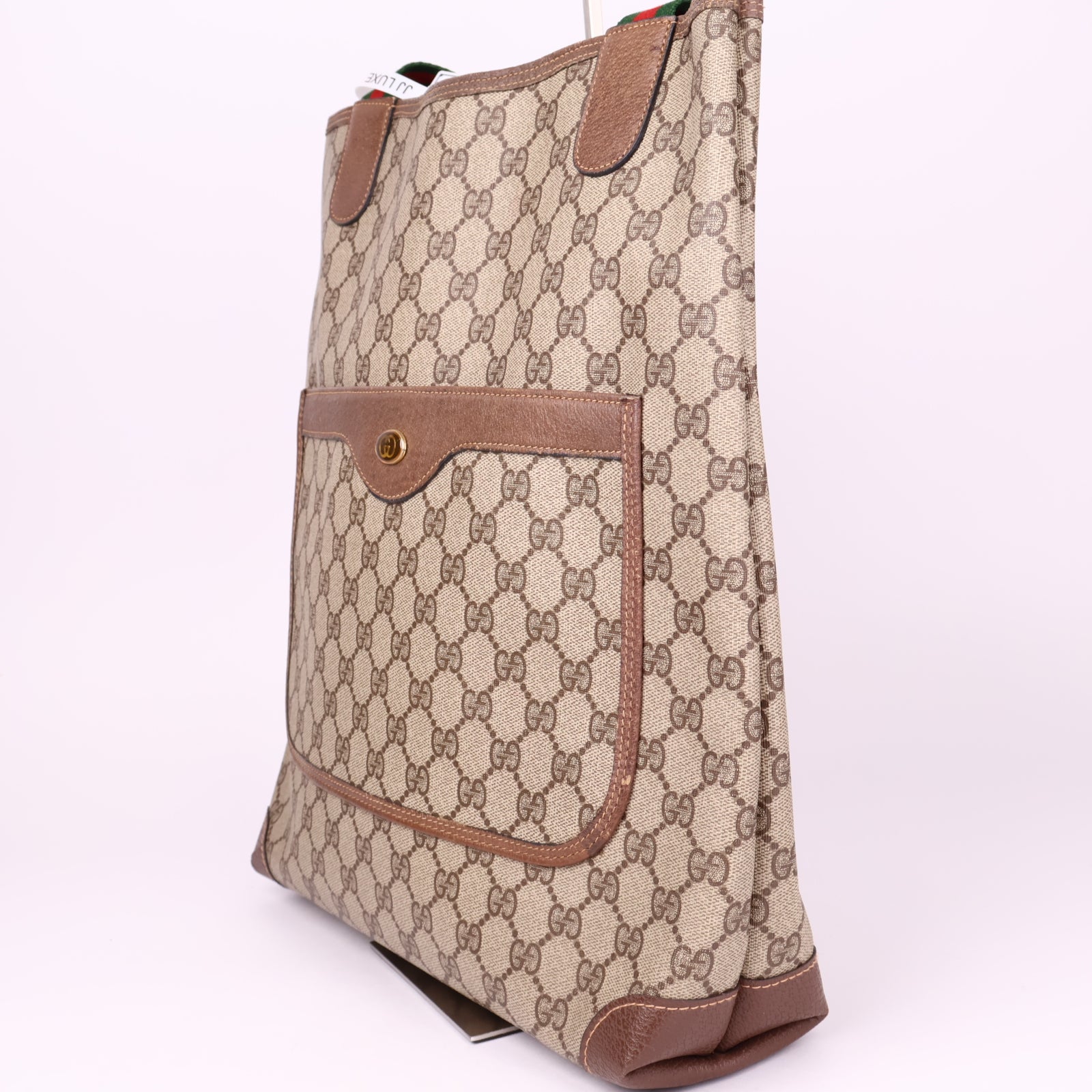 J1168 Gucci Web Stripe Sherry Line Coated Canvas Shoulder Tote Bag- Pre Owned