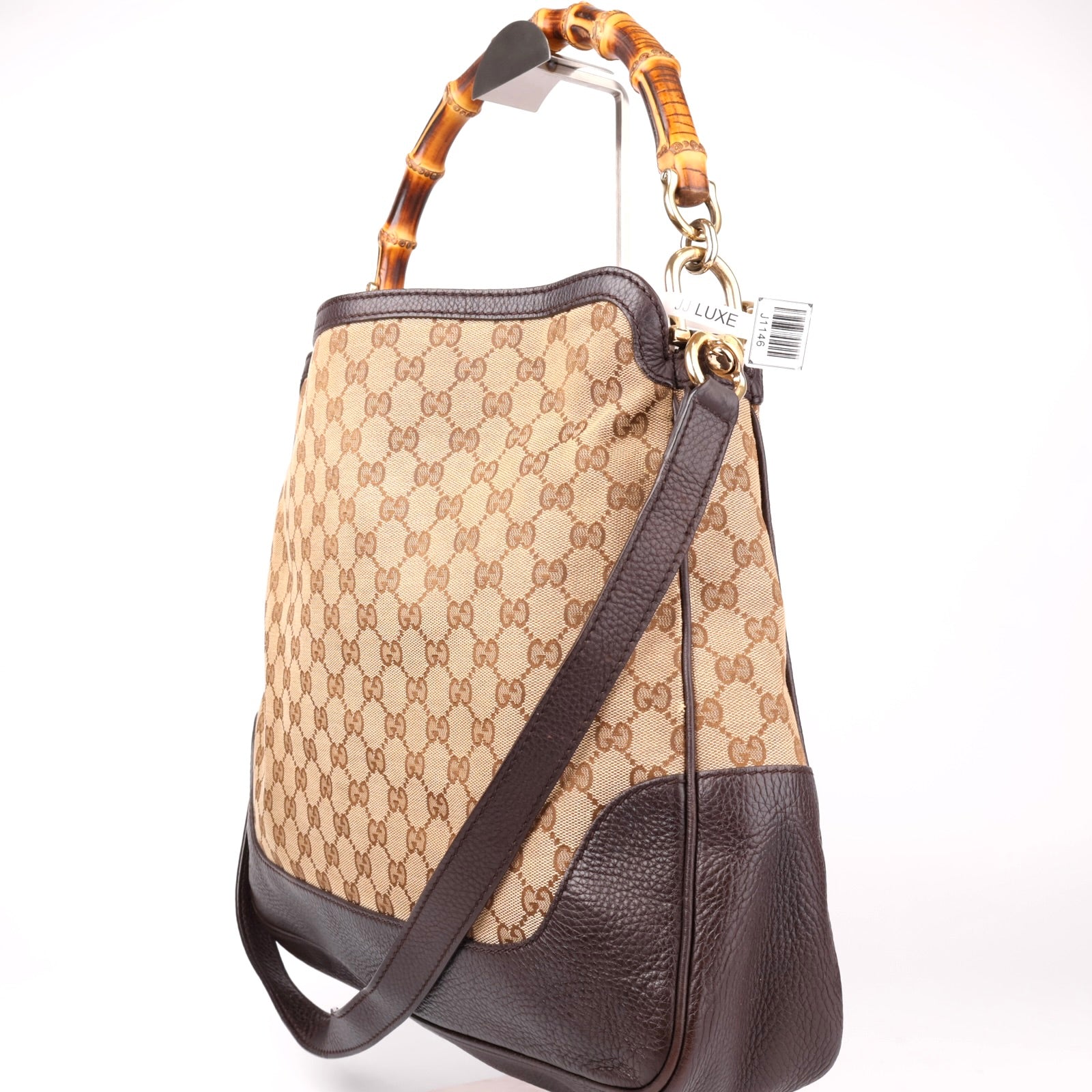 J1146 Gucci GG Brown Canvas Bamboo Bag- Pre Owned
