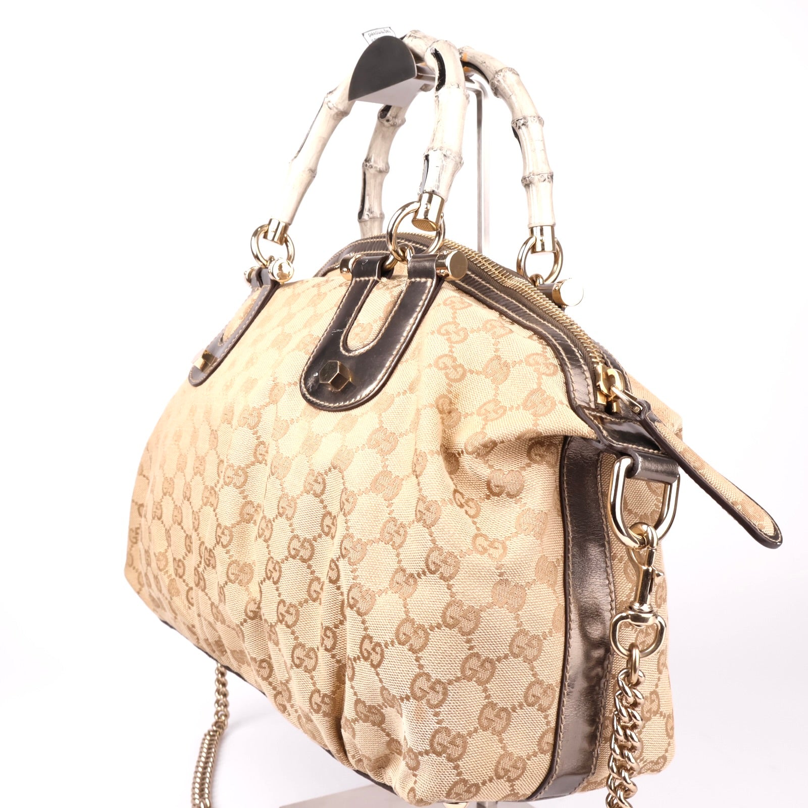 J1140 GUCCI Beige Monogram Bamboo Frame Satchel Cloth Handbag- Pre Owned