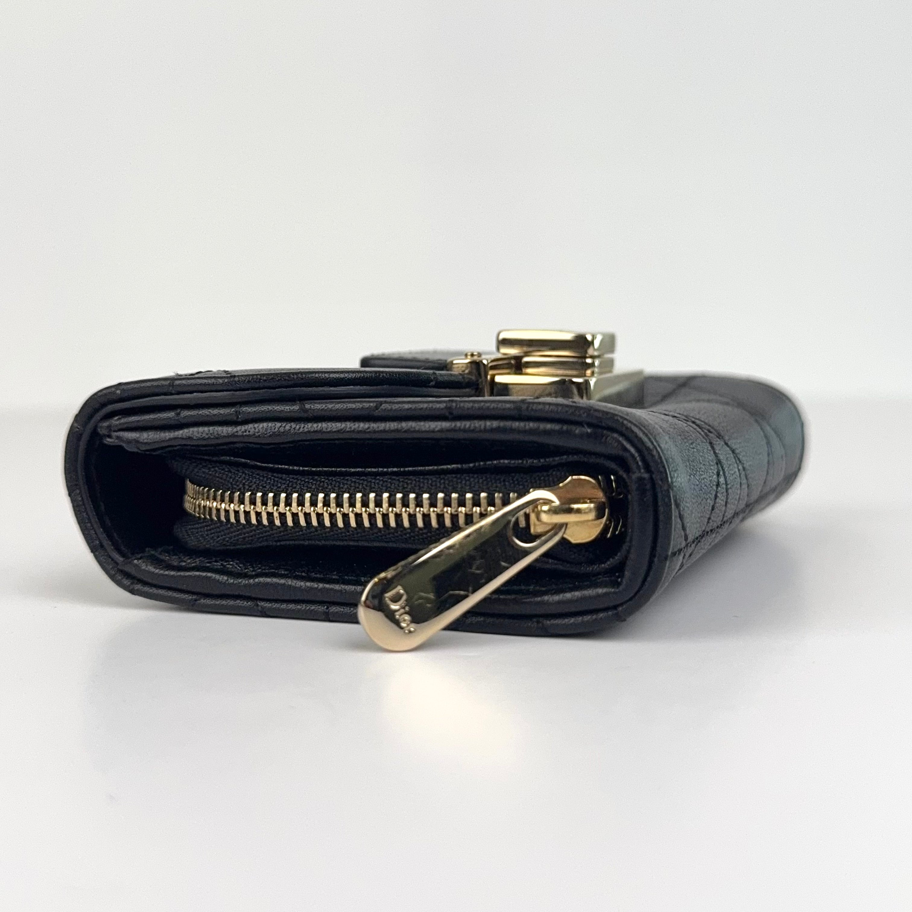 PRE OWNED-Dior Black Cannage Quilted Leather Diorling Compact Wallet