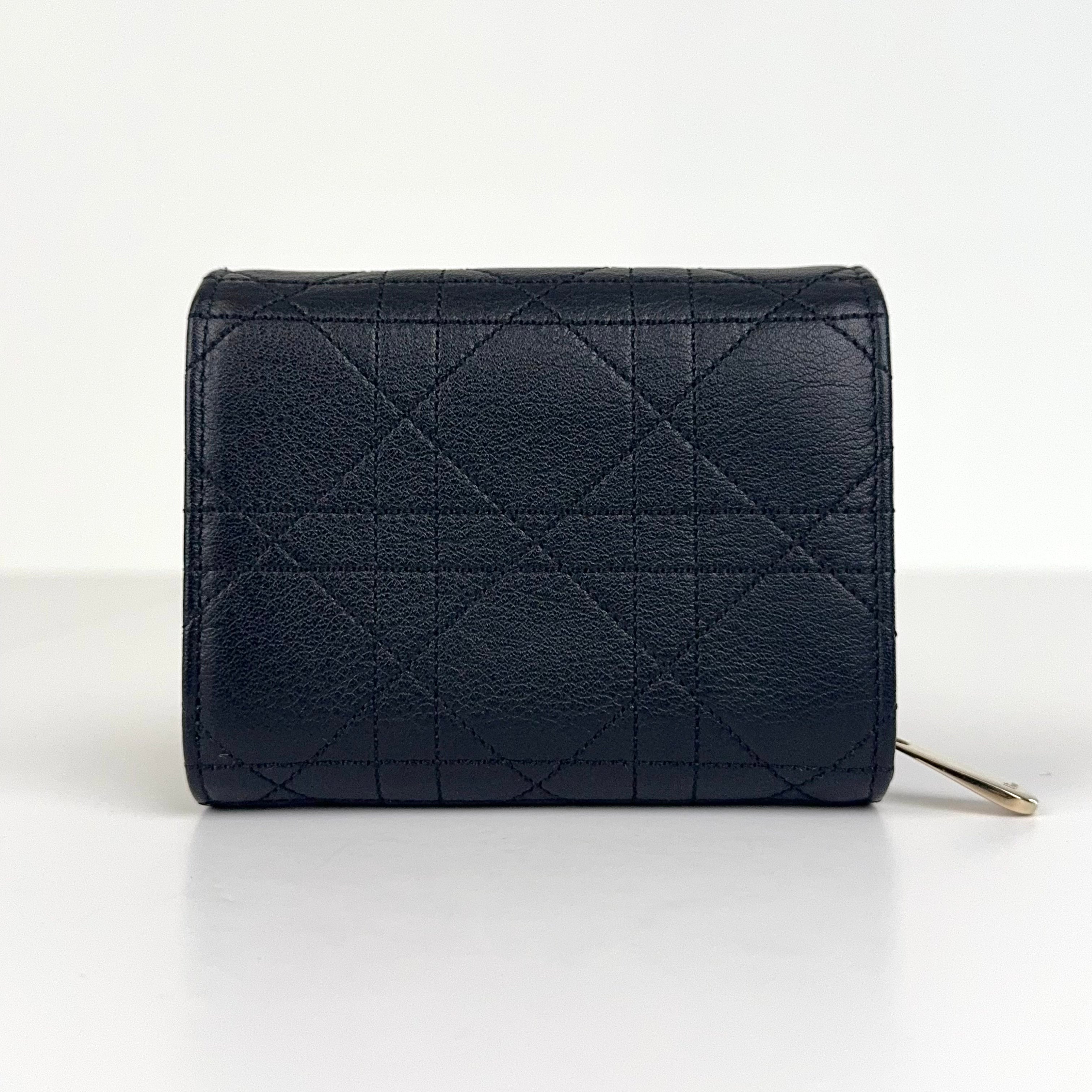 PRE OWNED-Dior Black Cannage Quilted Leather Diorling Compact Wallet